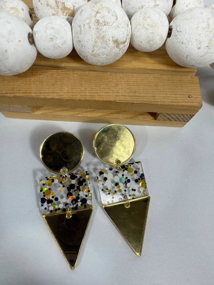 Truly Olive Gold Black and White Glitter Confetti Acrylic Earrings - Earrings Dangle Earrings