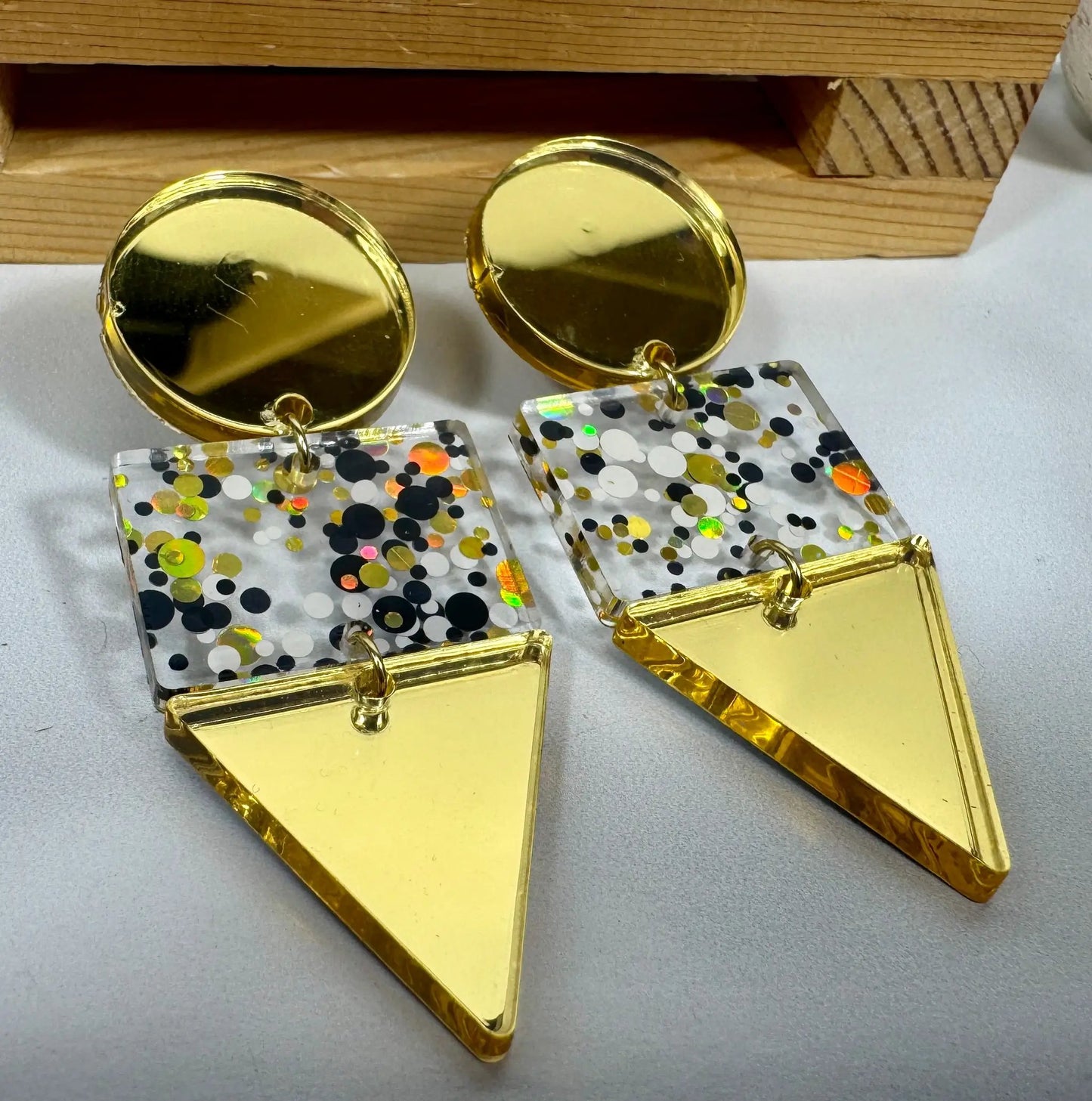 Truly Olive Gold Black and White Glitter Confetti Acrylic Earrings - Earrings Dangle Earrings