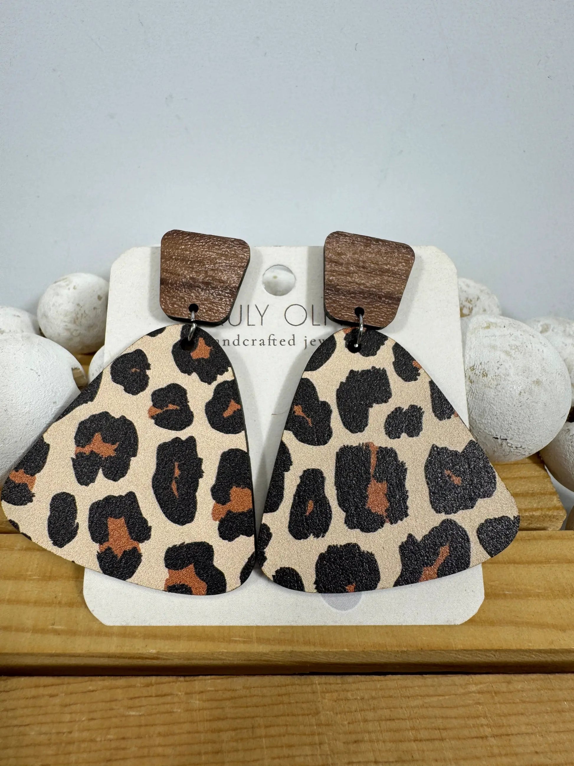 Truly Olive Exotic Leopard Print Reclaimed Wood Earrings - Earrings Stud/Post Earrings