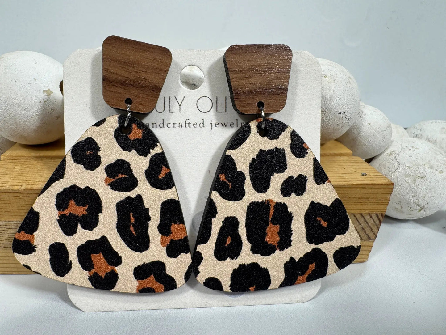 Truly Olive Exotic Leopard Print Reclaimed Wood Earrings - Earrings Stud/Post Earrings