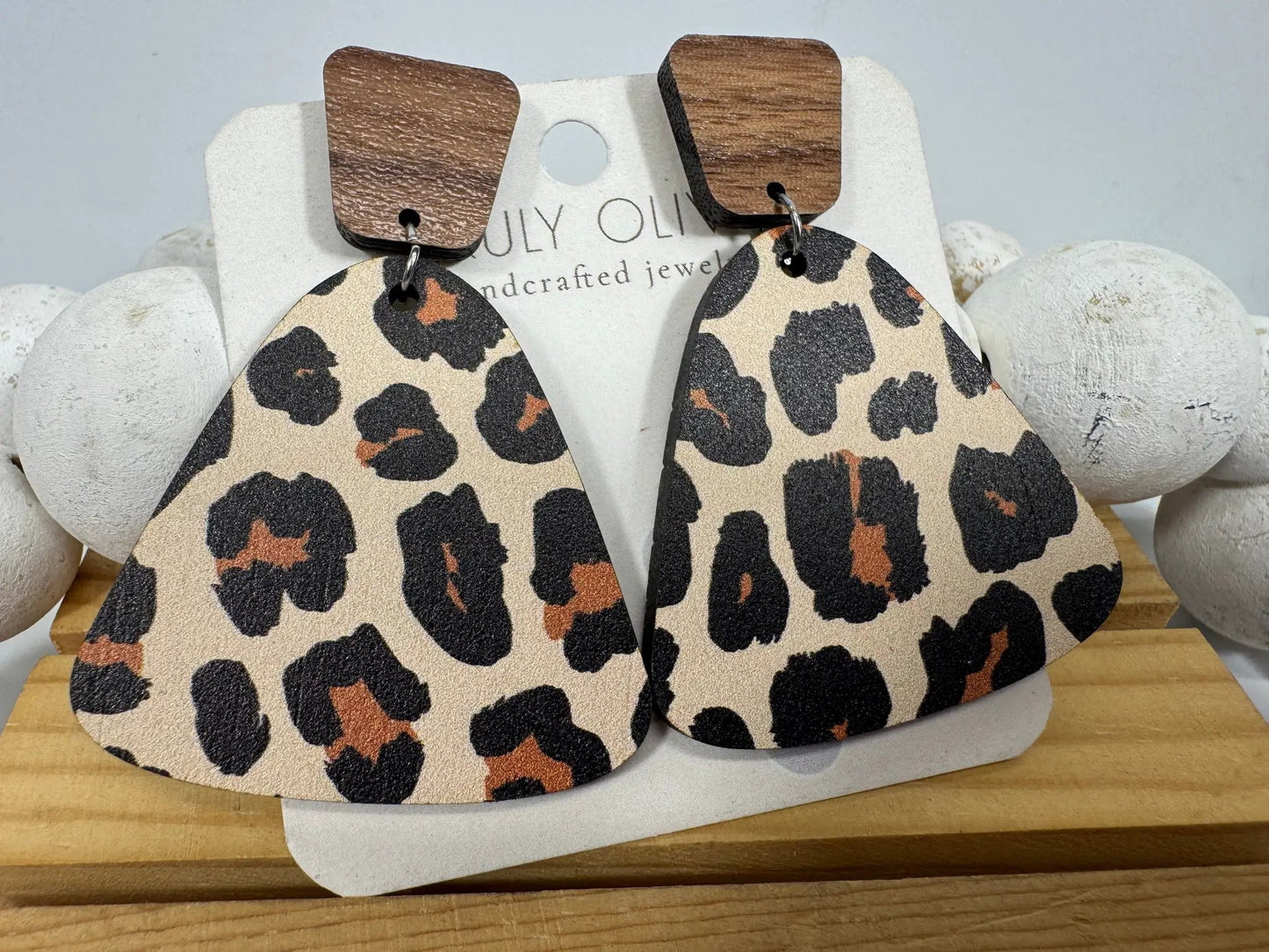 Truly Olive Exotic Leopard Print Reclaimed Wood Earrings - Earrings Stud/Post Earrings