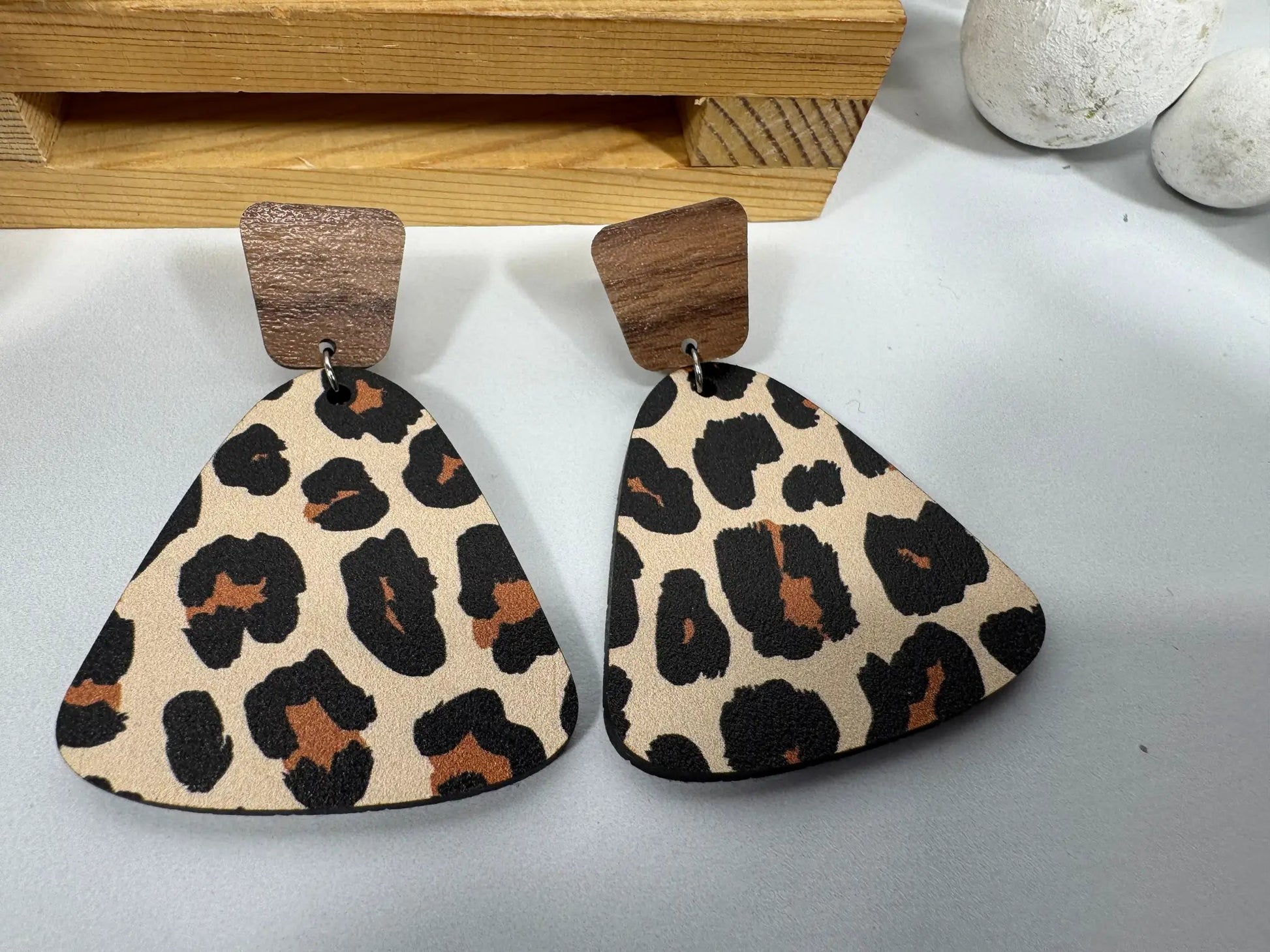 Truly Olive Exotic Leopard Print Reclaimed Wood Earrings - Earrings Stud/Post Earrings