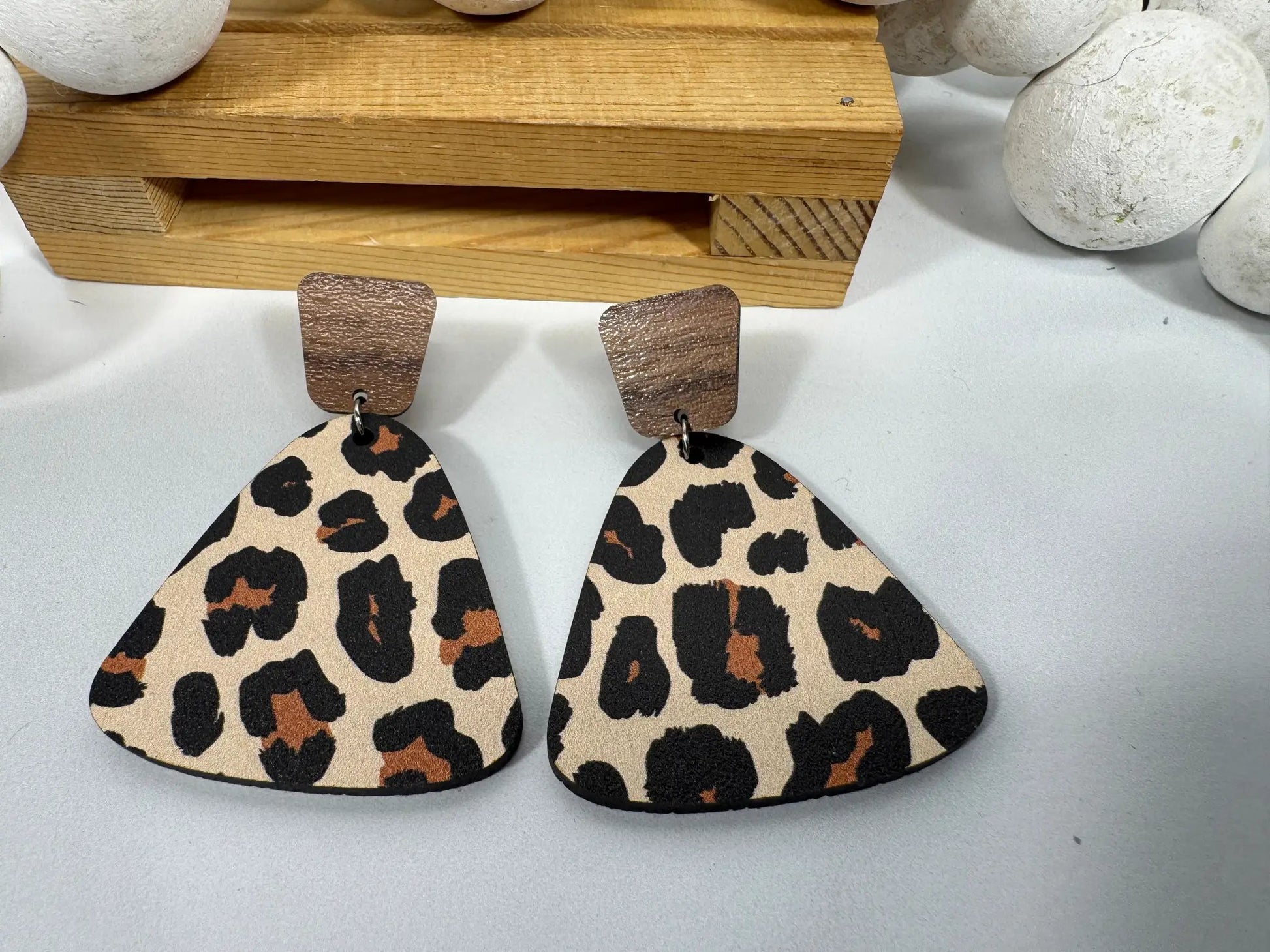 Truly Olive Exotic Leopard Print Reclaimed Wood Earrings - Earrings Stud/Post Earrings