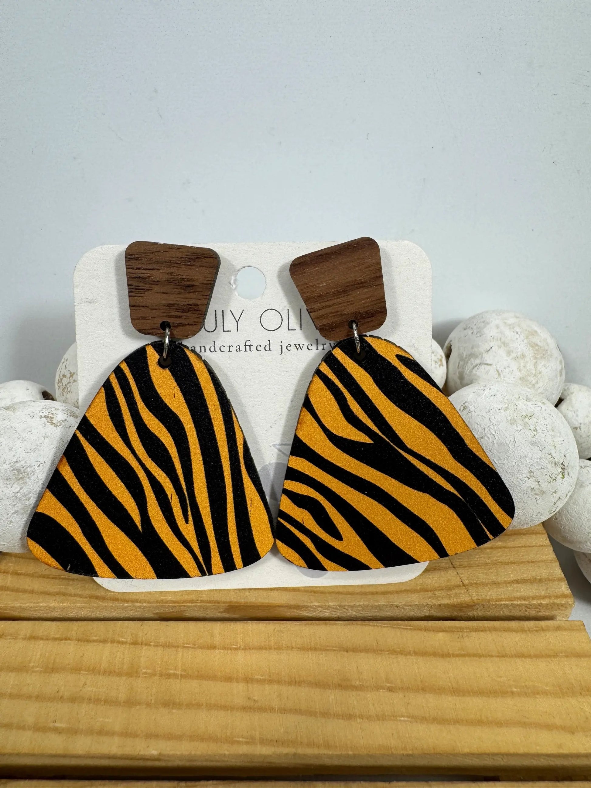 Truly Olive Exotic Reclaimed Wood Zebra Print Earrings - Earrings Stud/Post Earrings