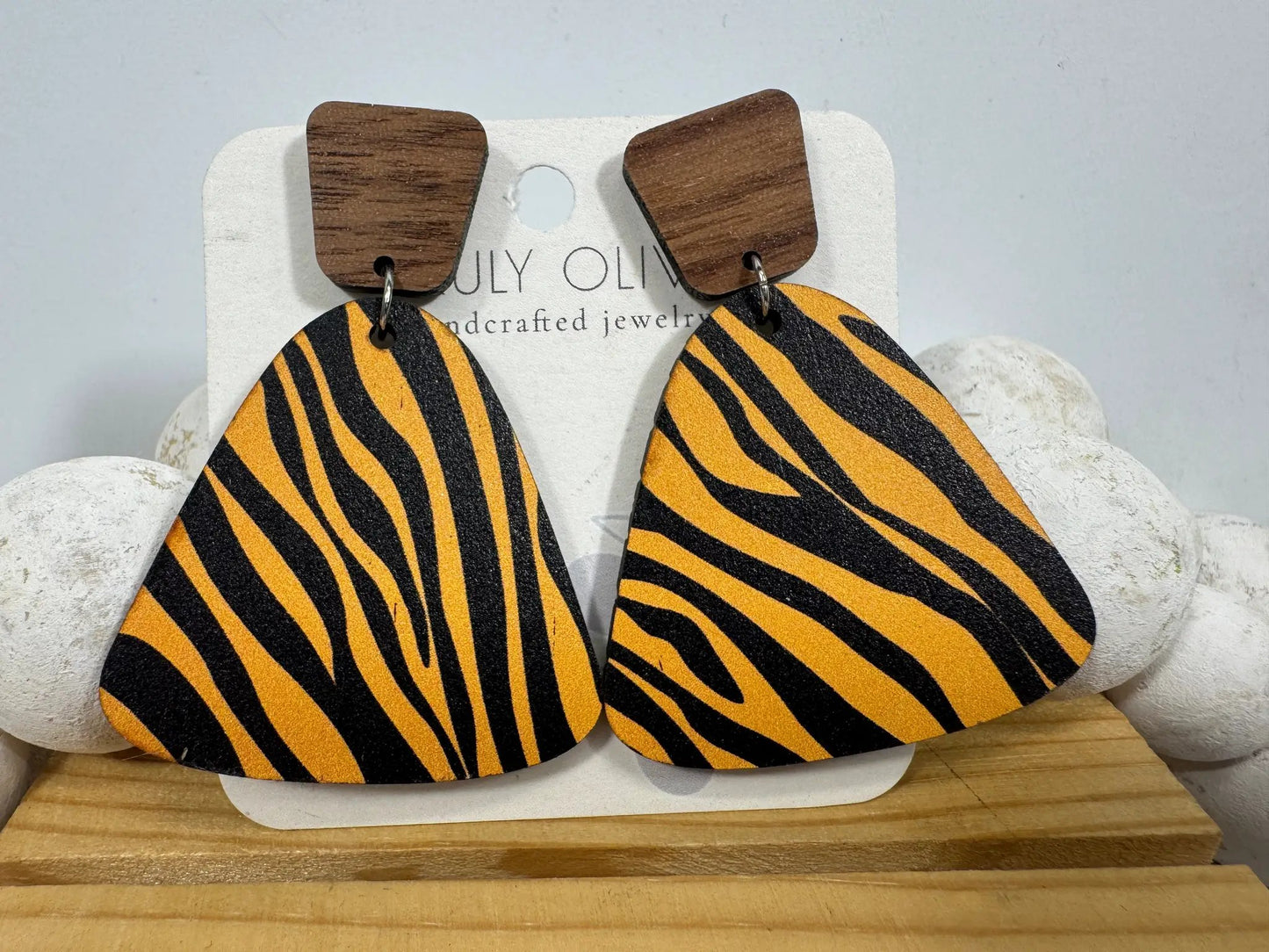 Truly Olive Exotic Reclaimed Wood Zebra Print Earrings - Earrings Stud/Post Earrings