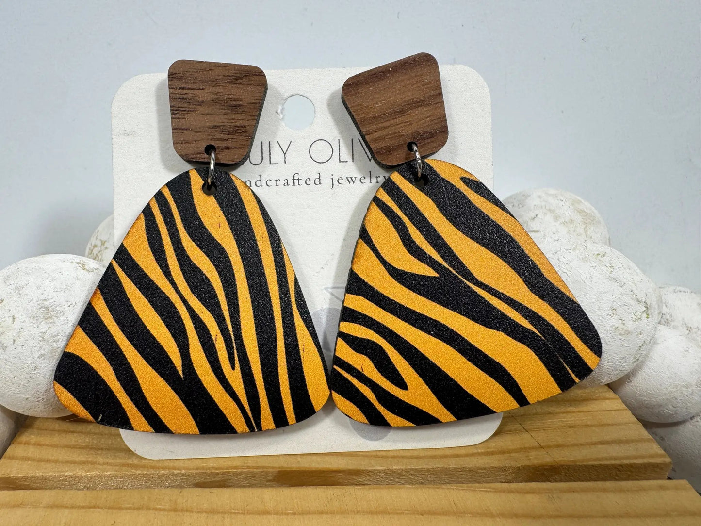 Truly Olive Exotic Reclaimed Wood Zebra Print Earrings - Earrings Stud/Post Earrings