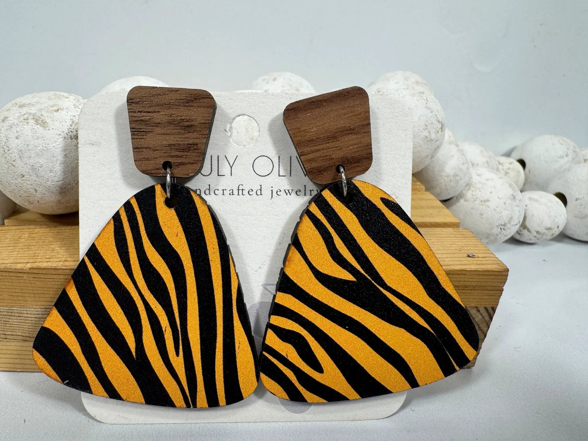 Truly Olive Exotic Reclaimed Wood Zebra Print Earrings - Earrings Stud/Post Earrings