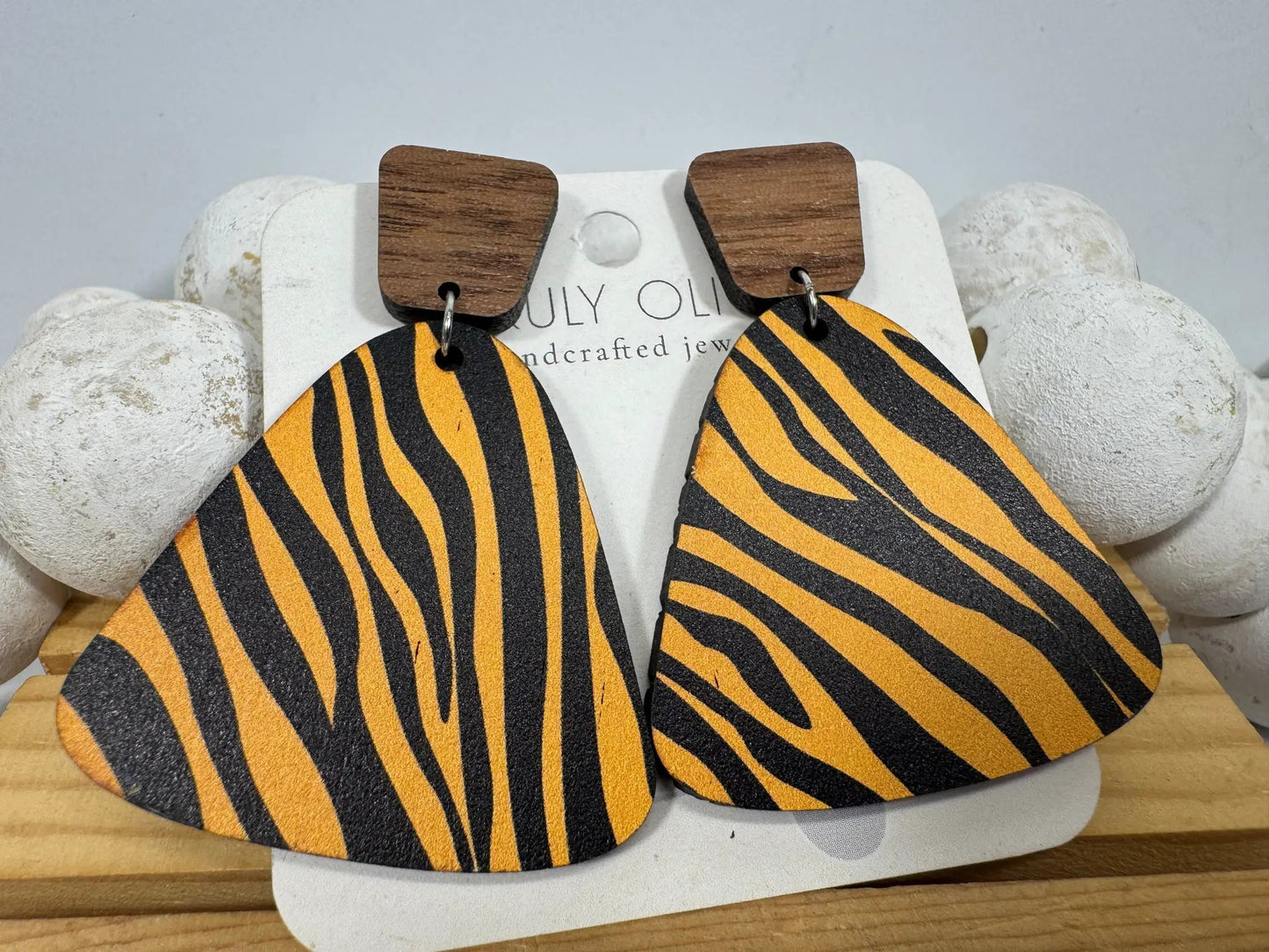 Truly Olive Exotic Reclaimed Wood Zebra Print Earrings - Earrings Stud/Post Earrings