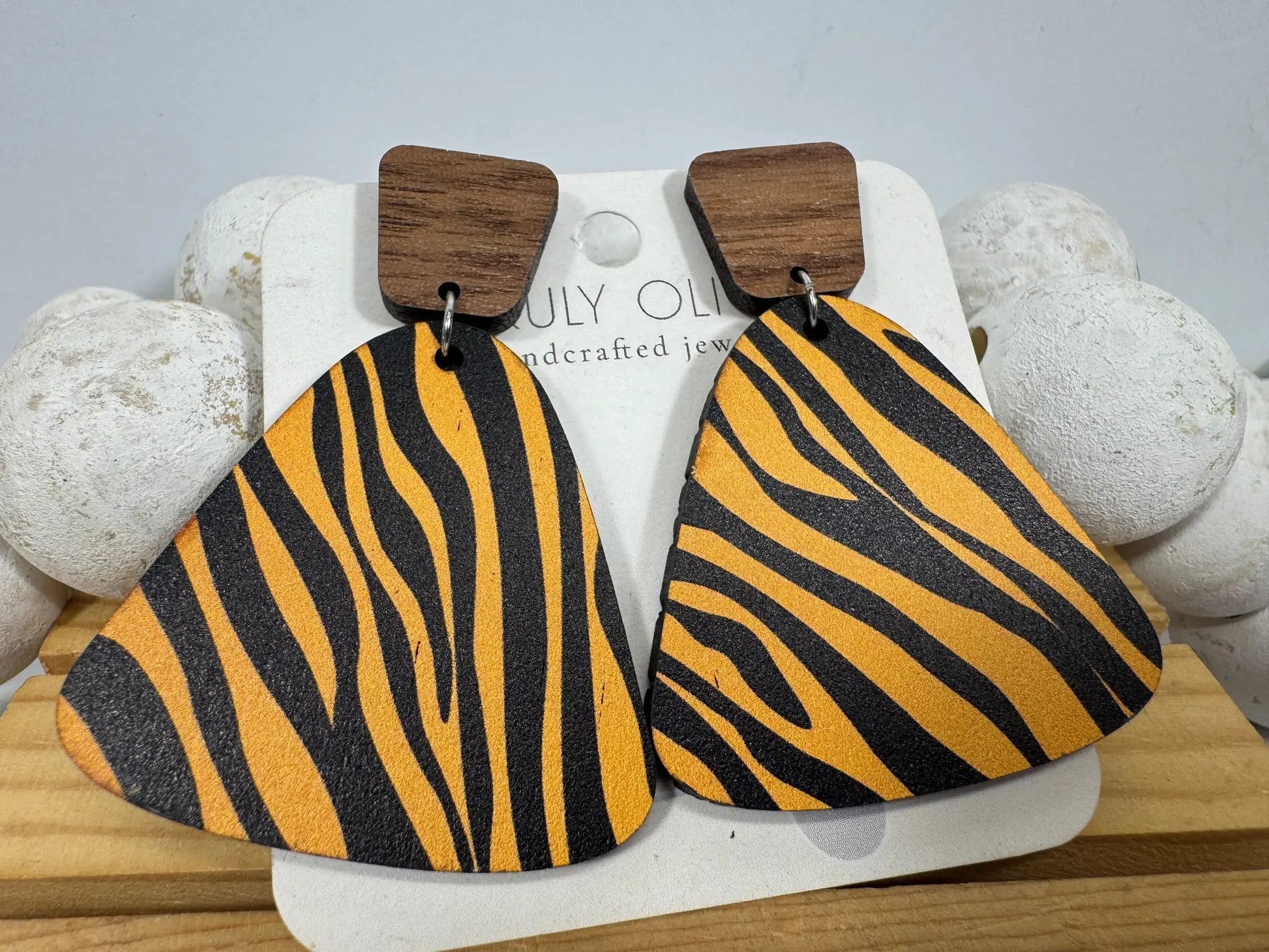 Truly Olive Exotic Reclaimed Wood Zebra Print Earrings - Earrings Stud/Post Earrings