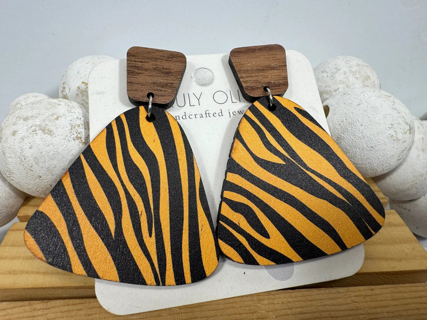 Truly Olive Exotic Reclaimed Wood Zebra Print Earrings - Earrings Stud/Post Earrings