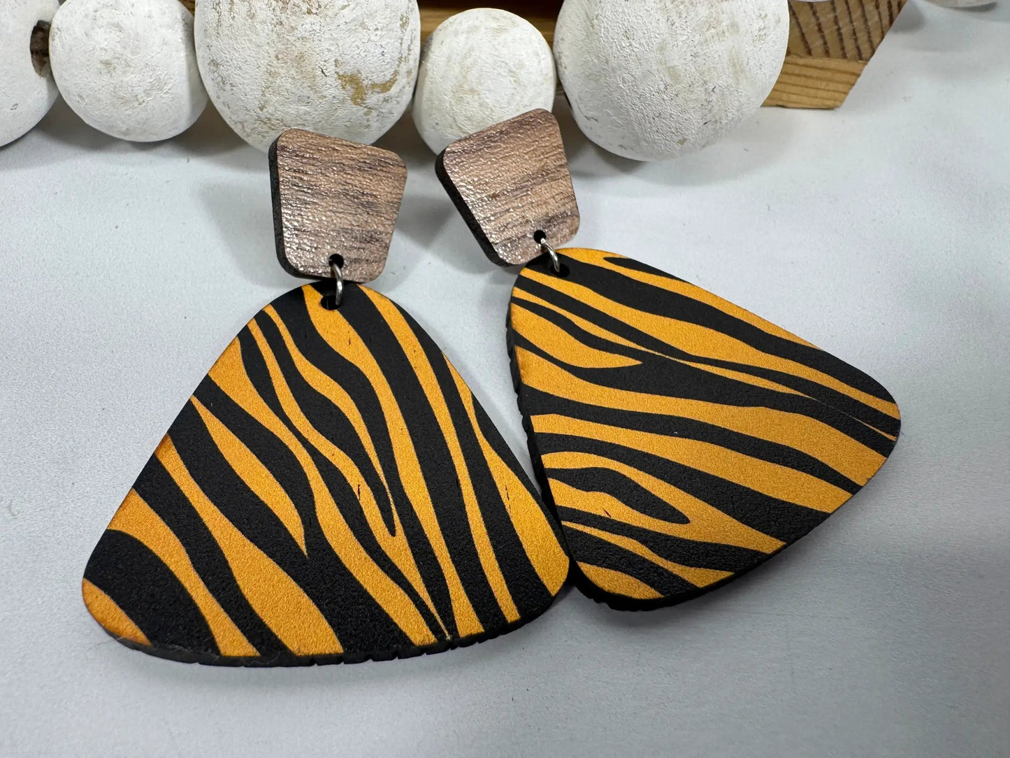 Truly Olive Exotic Reclaimed Wood Zebra Print Earrings - Earrings Stud/Post Earrings