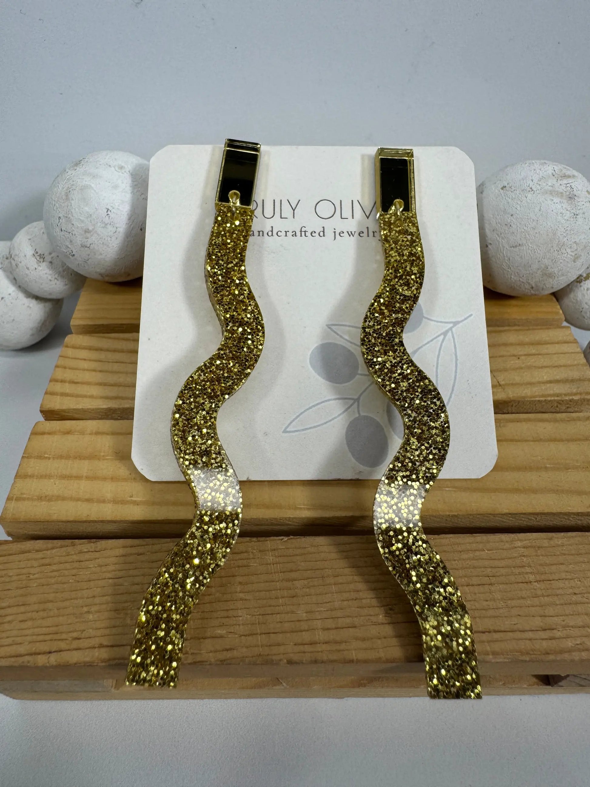Truly Olive Long Dangle Glitter Gold Acrylic Holiday Earrings - Earrings Dangle Earrings