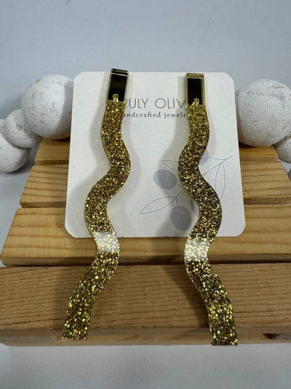 Truly Olive Long Dangle Glitter Gold Acrylic Holiday Earrings - Earrings Dangle Earrings