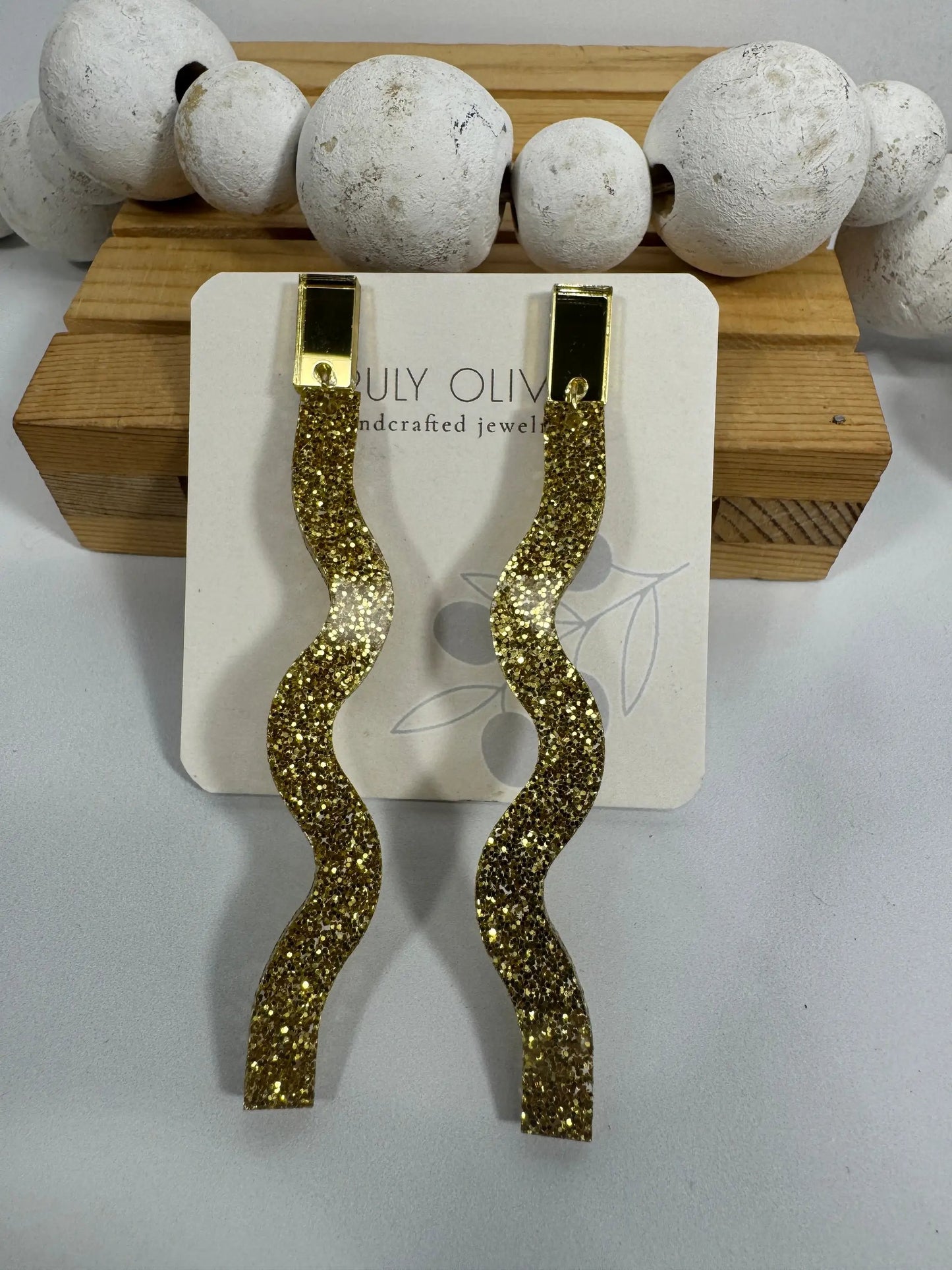 Truly Olive Long Dangle Glitter Gold Acrylic Holiday Earrings - Earrings Dangle Earrings