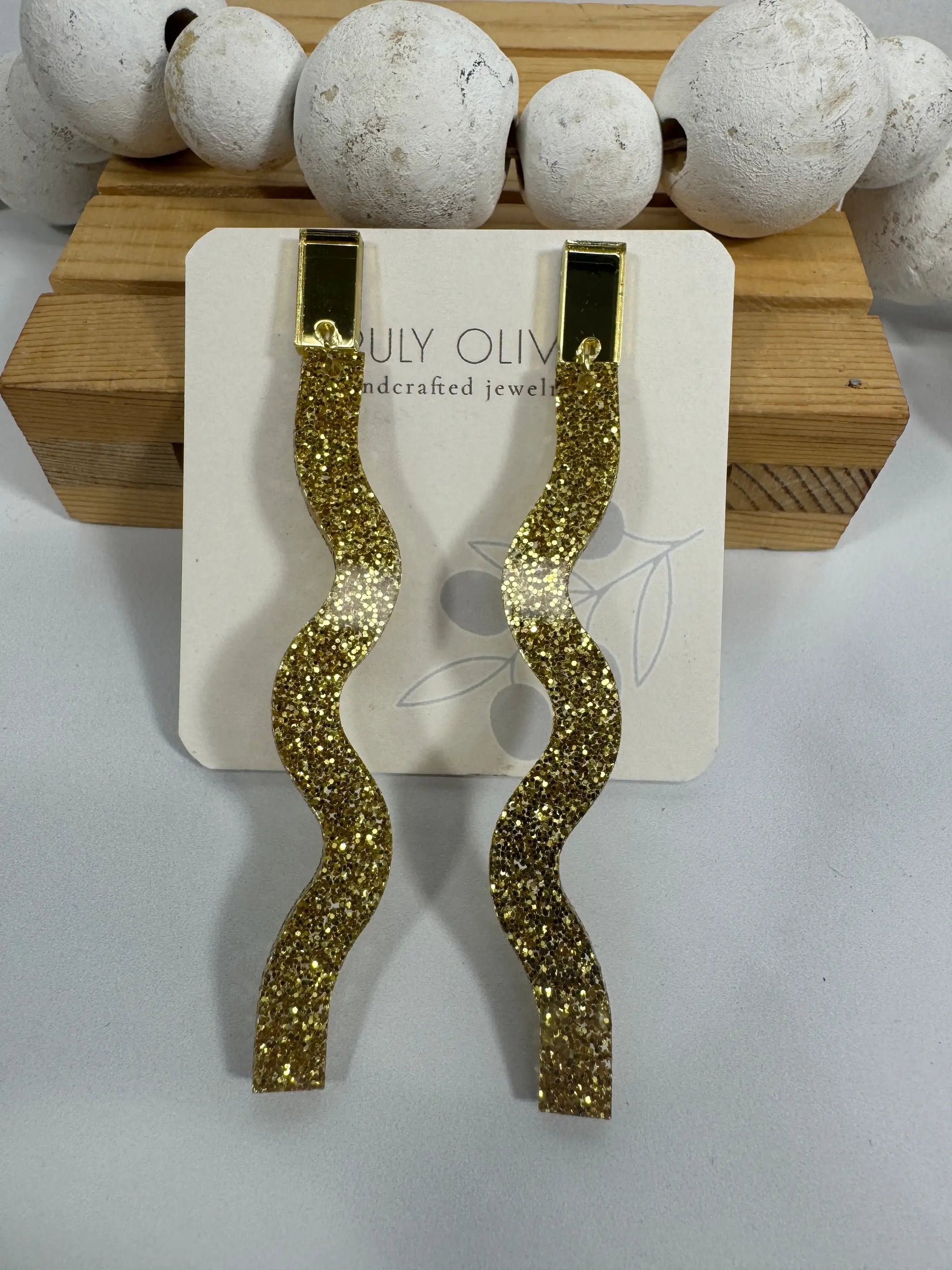 Truly Olive Long Dangle Glitter Gold Acrylic Holiday Earrings - Earrings Dangle Earrings