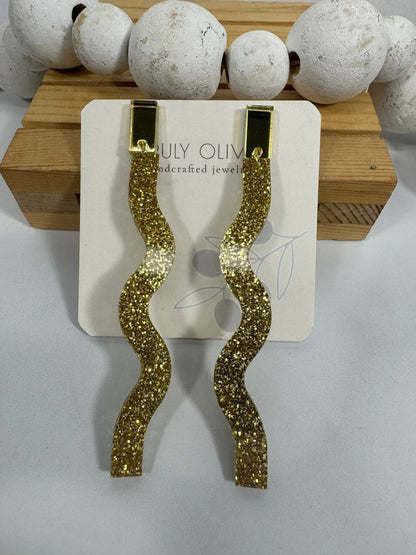 Truly Olive Long Dangle Glitter Gold Acrylic Holiday Earrings - Earrings Dangle Earrings