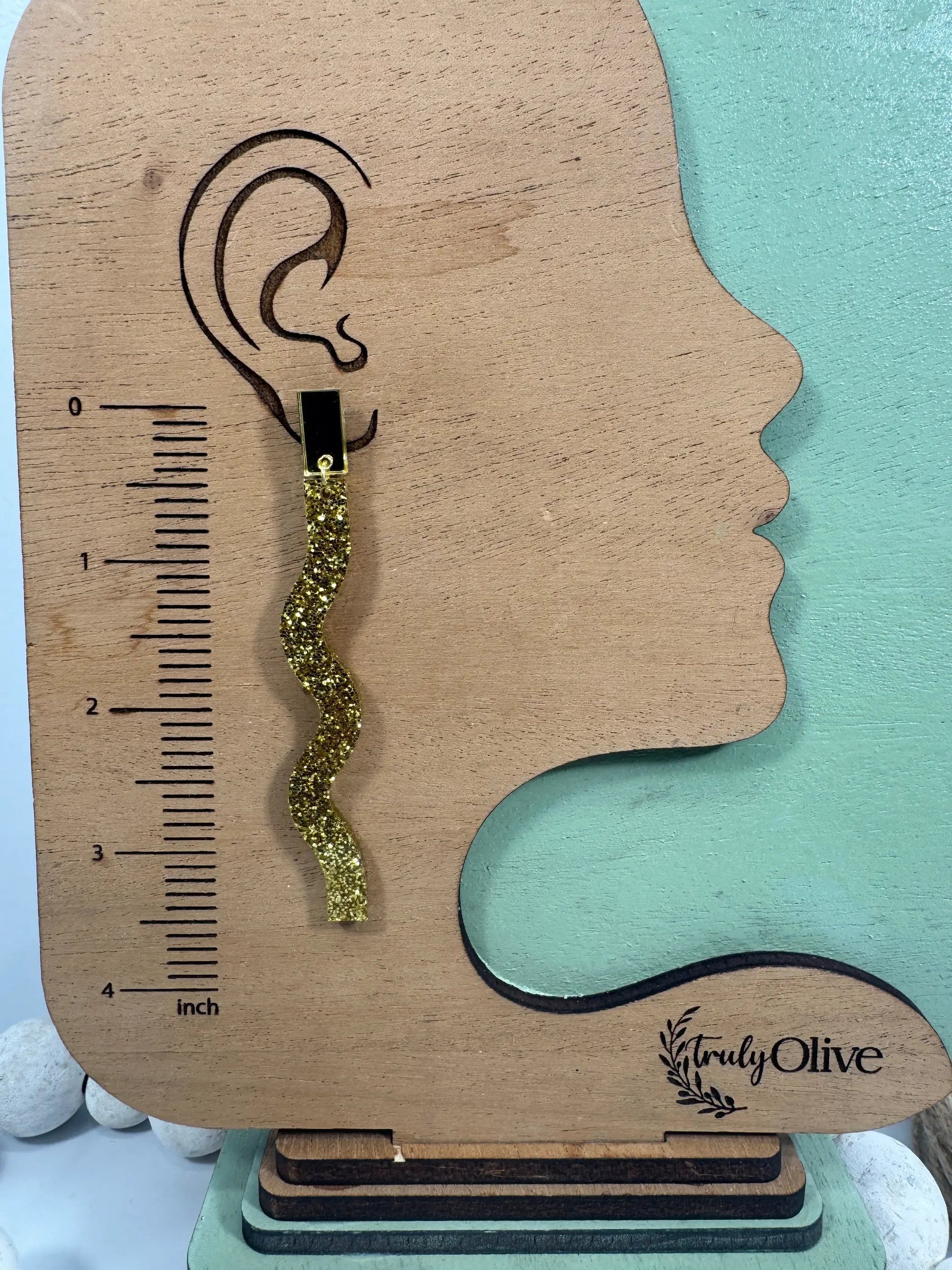 Truly Olive Long Dangle Glitter Gold Acrylic Holiday Earrings - Earrings Dangle Earrings