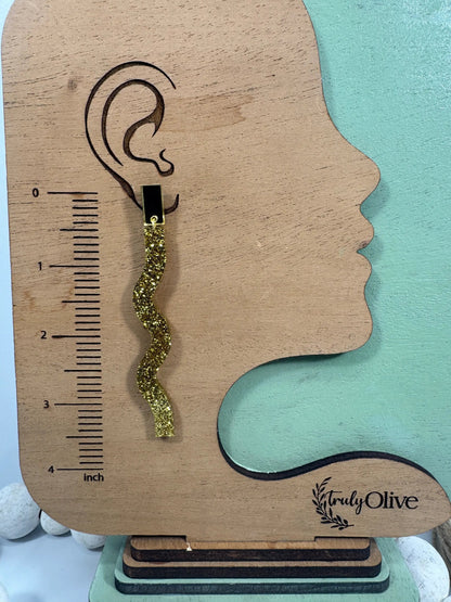 Truly Olive Long Dangle Glitter Gold Acrylic Holiday Earrings - Earrings Dangle Earrings