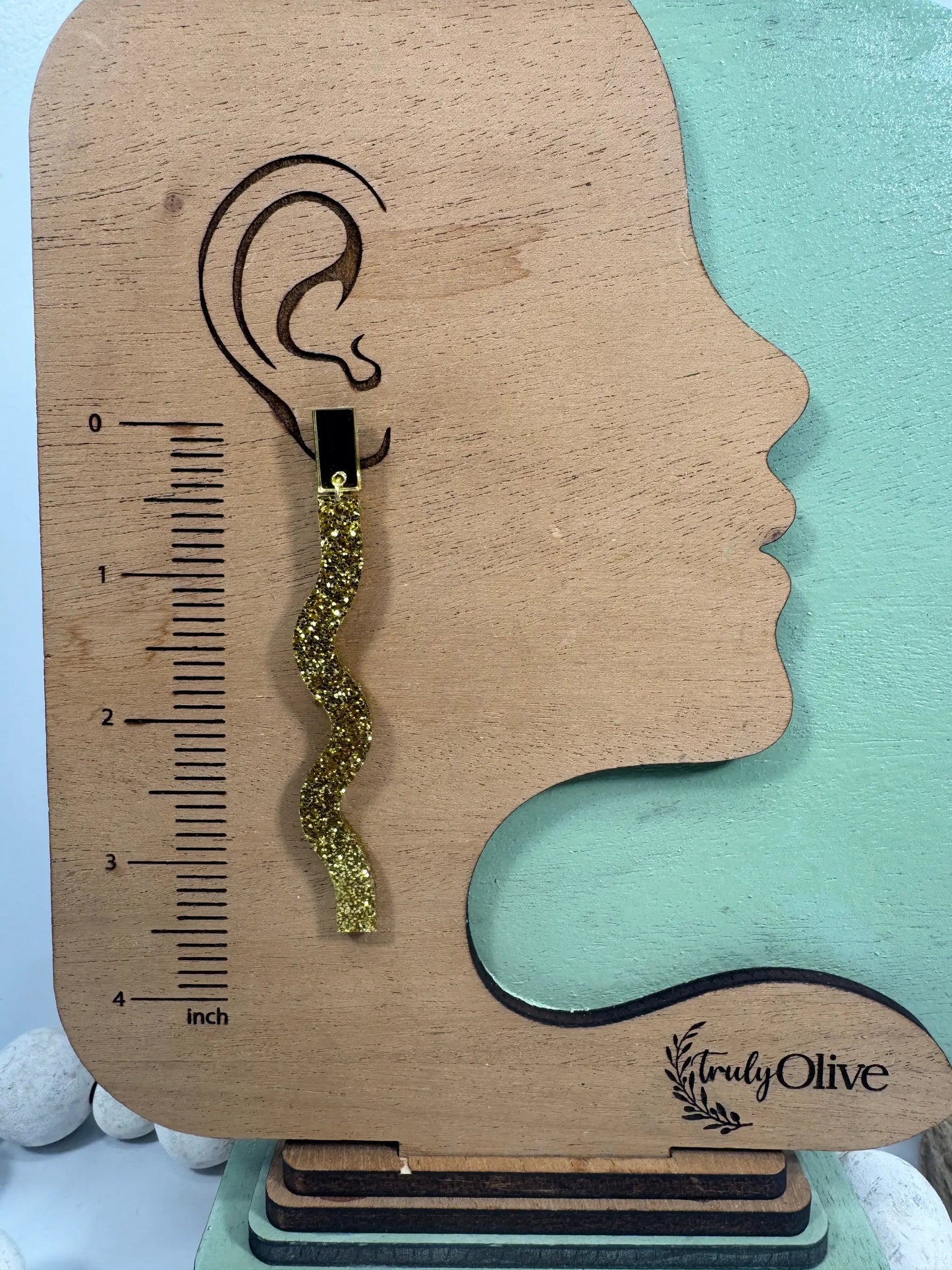 Truly Olive Long Dangle Glitter Gold Acrylic Holiday Earrings - Earrings Dangle Earrings