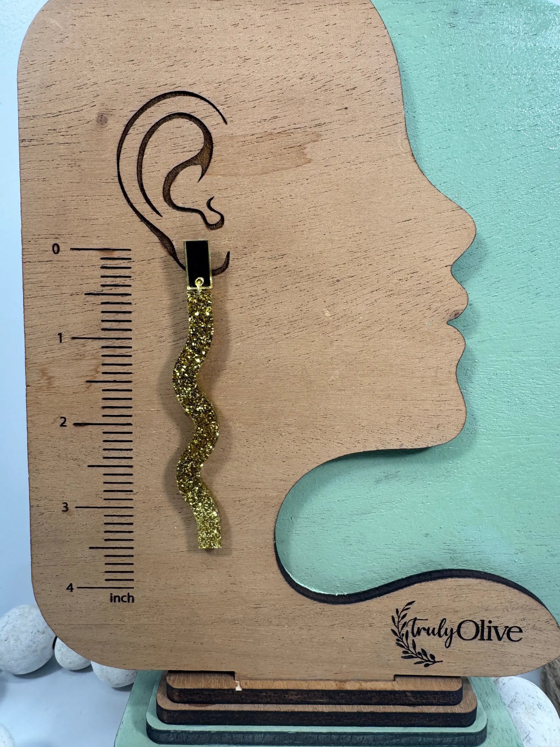 Truly Olive Long Dangle Glitter Gold Acrylic Holiday Earrings - Earrings Dangle Earrings