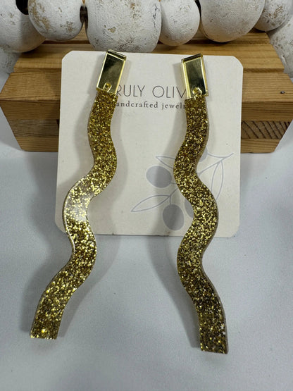 Truly Olive Long Dangle Glitter Gold Acrylic Holiday Earrings - Earrings Dangle Earrings