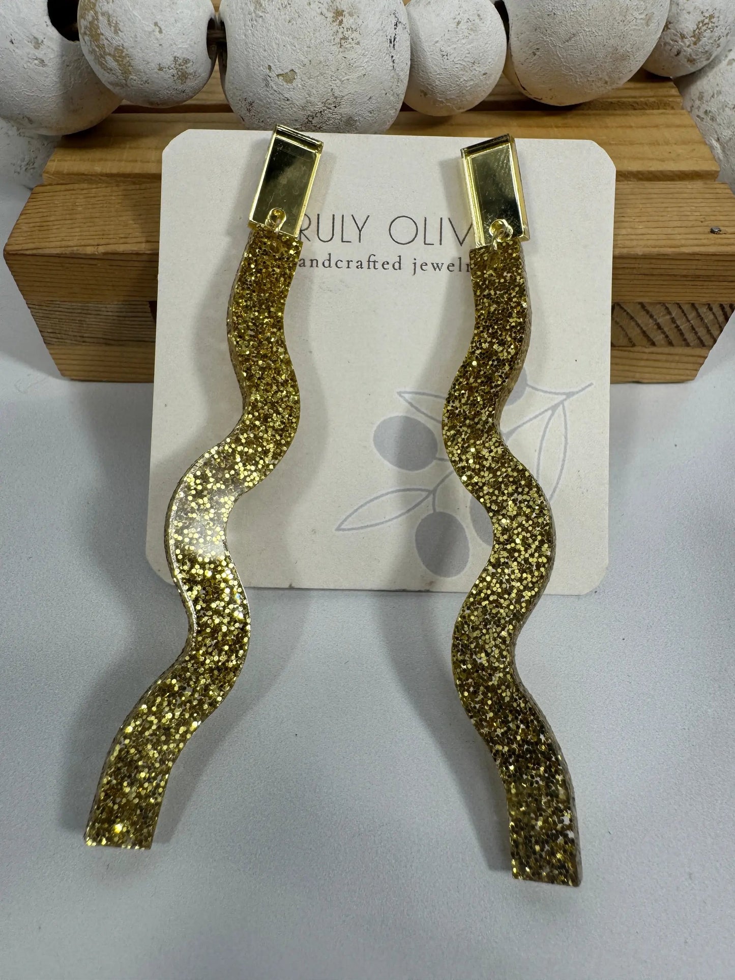 Truly Olive Long Dangle Glitter Gold Acrylic Holiday Earrings - Earrings Dangle Earrings