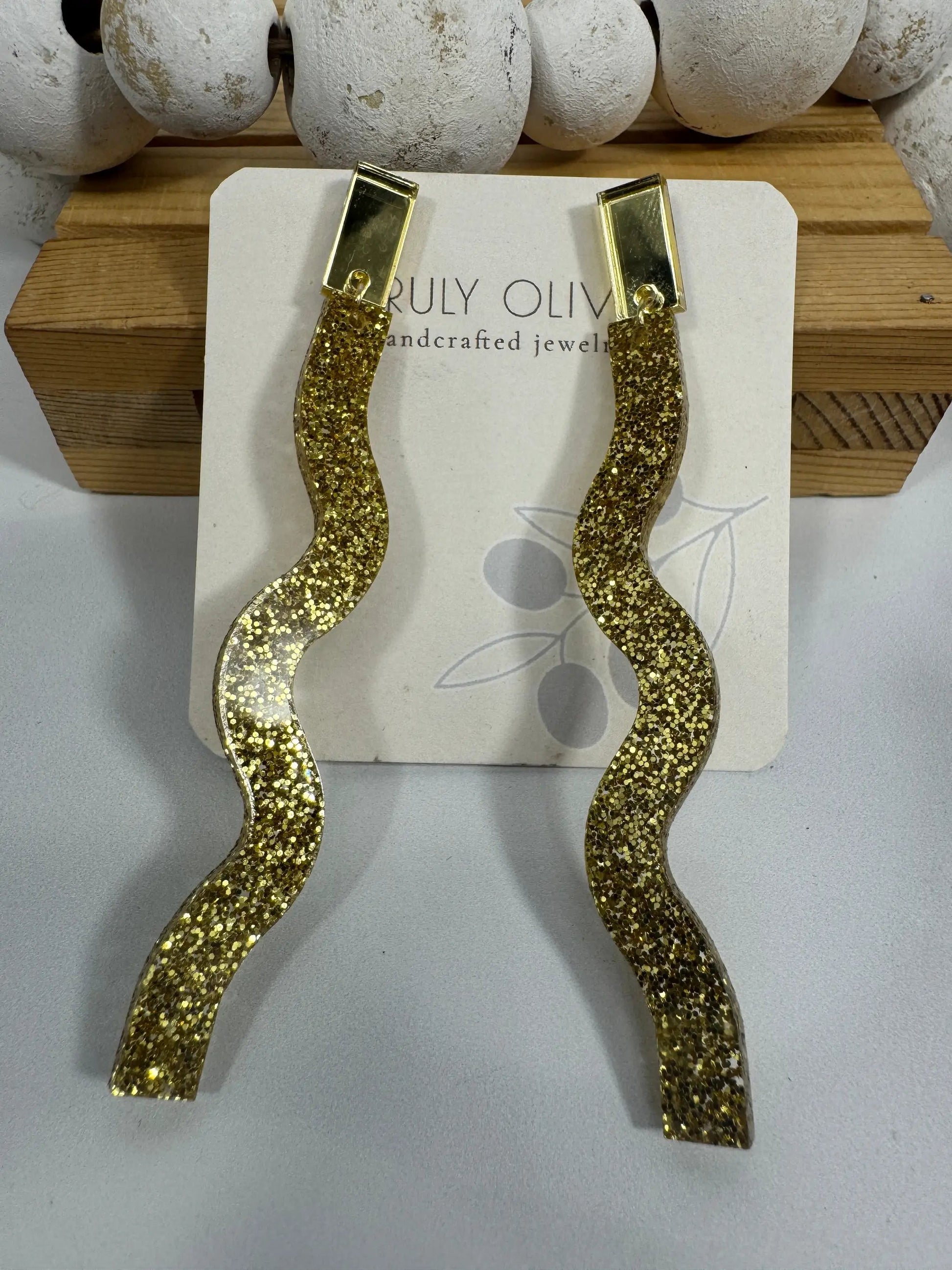 Truly Olive Long Dangle Glitter Gold Acrylic Holiday Earrings - Earrings Dangle Earrings