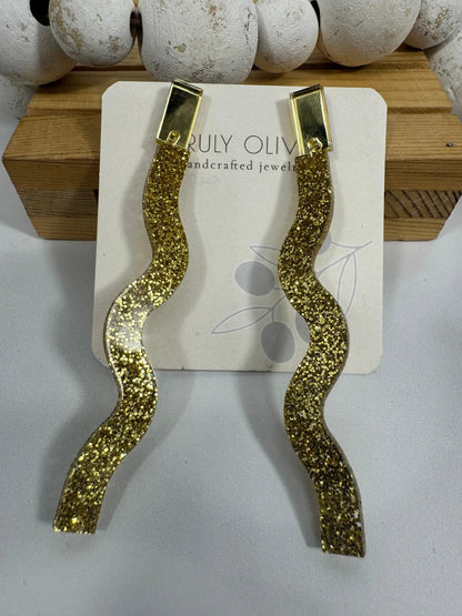 Truly Olive Long Dangle Glitter Gold Acrylic Holiday Earrings - Earrings Dangle Earrings