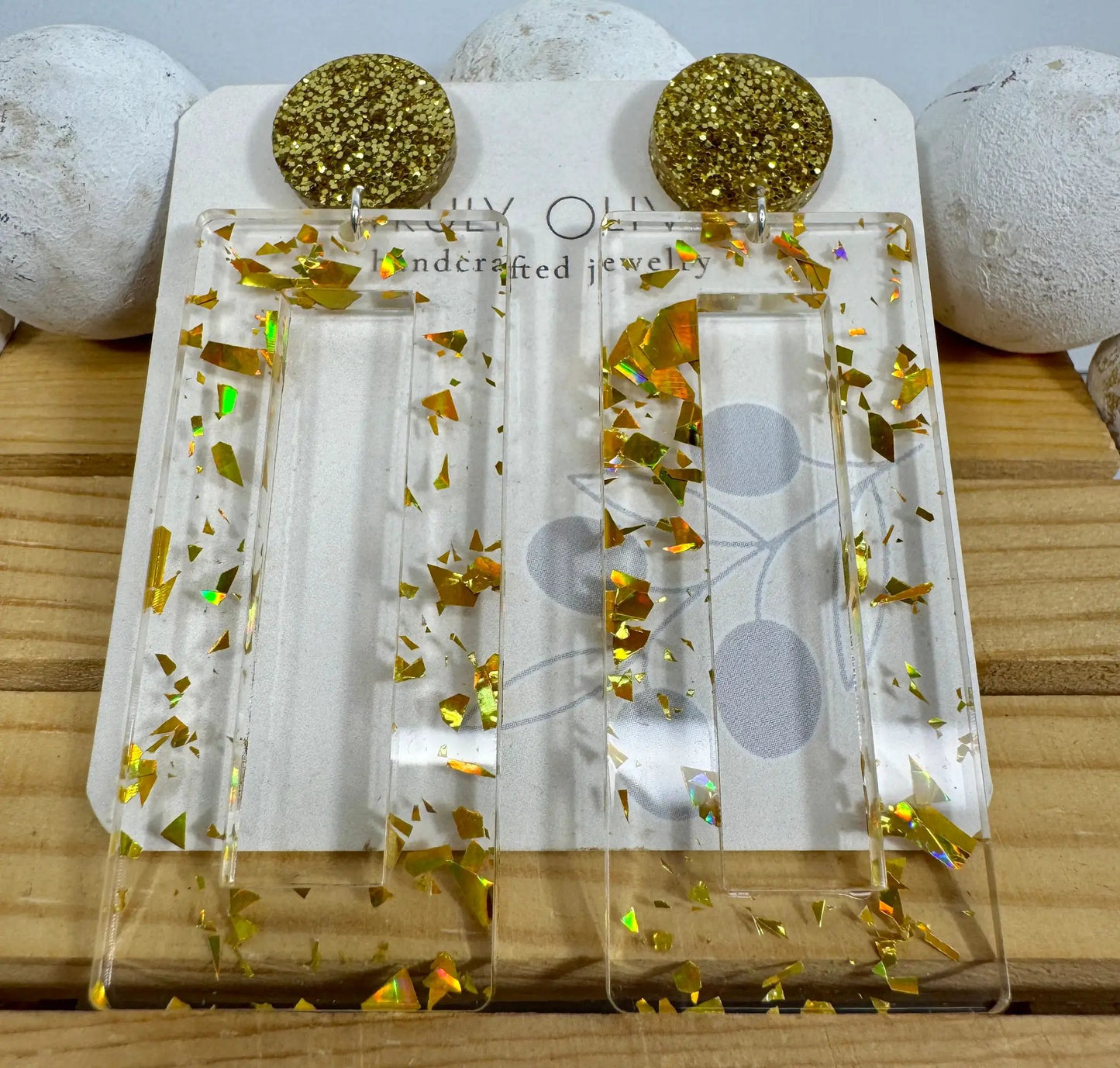 Truly Olive Mirrored Gold Acrylic Glitter Earrings - Earrings Stud/Post Earrings