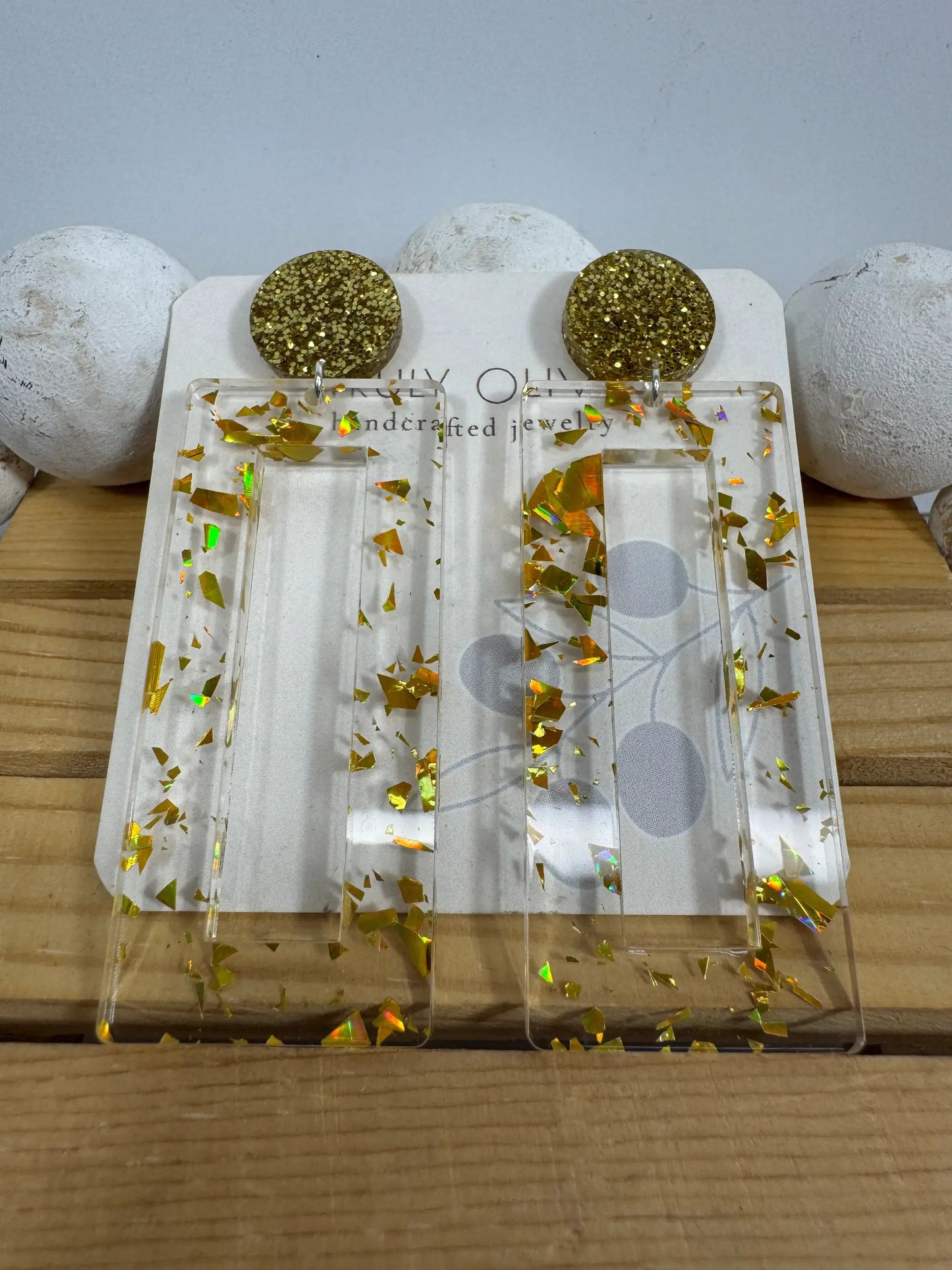 Truly Olive Mirrored Gold Acrylic Glitter Earrings - Earrings Stud/Post Earrings