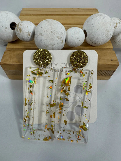 Truly Olive Mirrored Gold Acrylic Glitter Earrings - Earrings Stud/Post Earrings