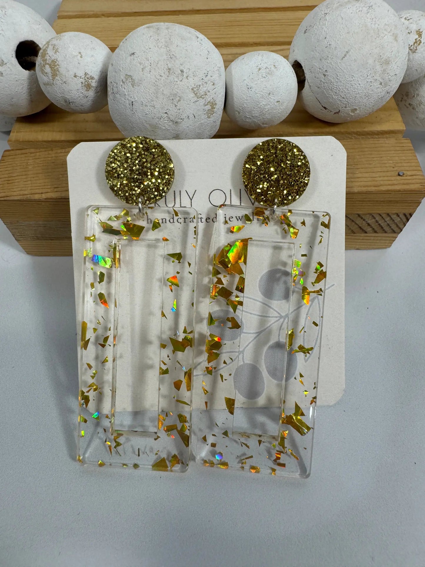 Truly Olive Mirrored Gold Acrylic Glitter Earrings - Earrings Stud/Post Earrings
