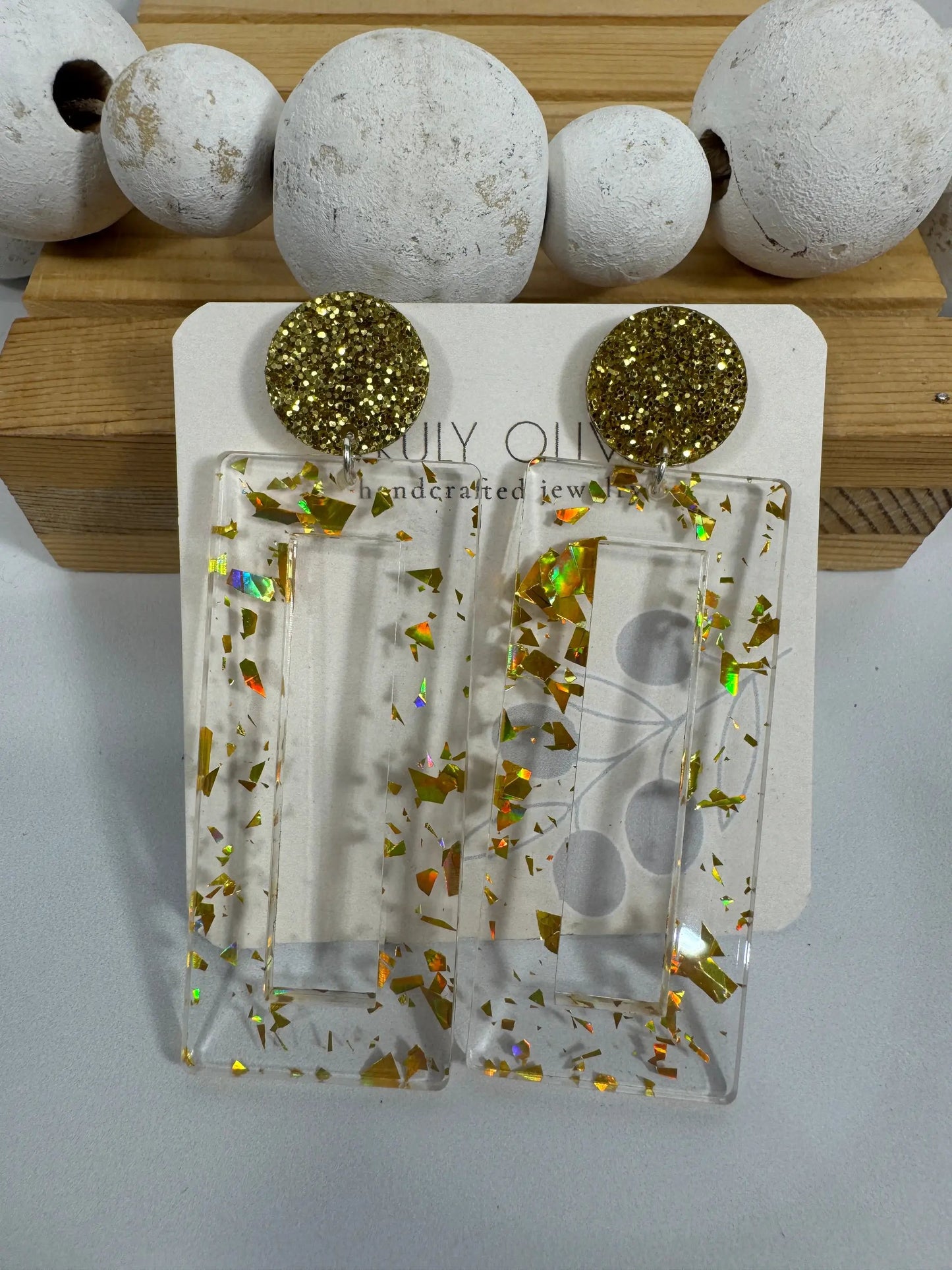 Truly Olive Mirrored Gold Acrylic Glitter Earrings - Earrings Stud/Post Earrings