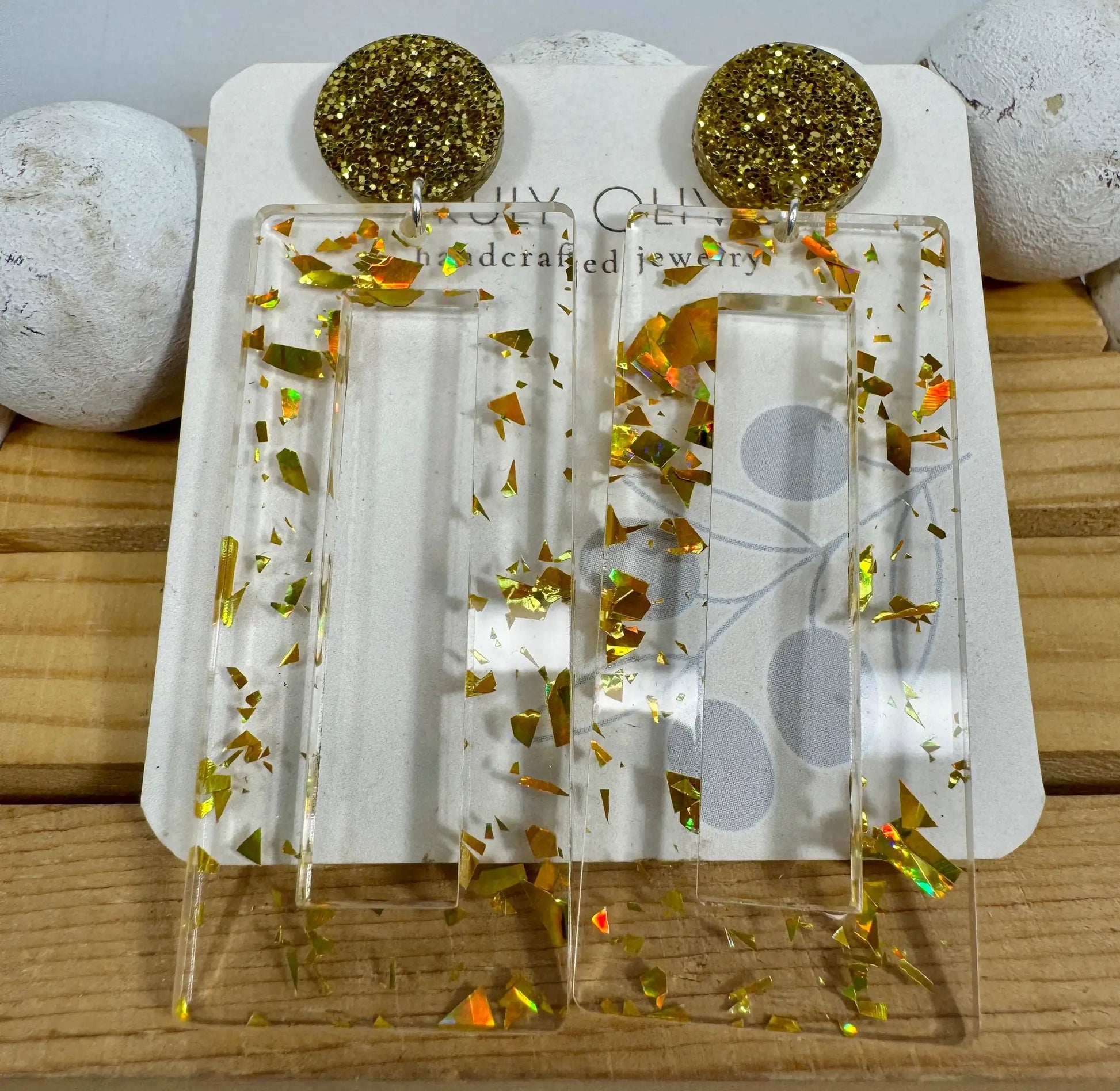 Truly Olive Mirrored Gold Acrylic Glitter Earrings - Earrings Stud/Post Earrings
