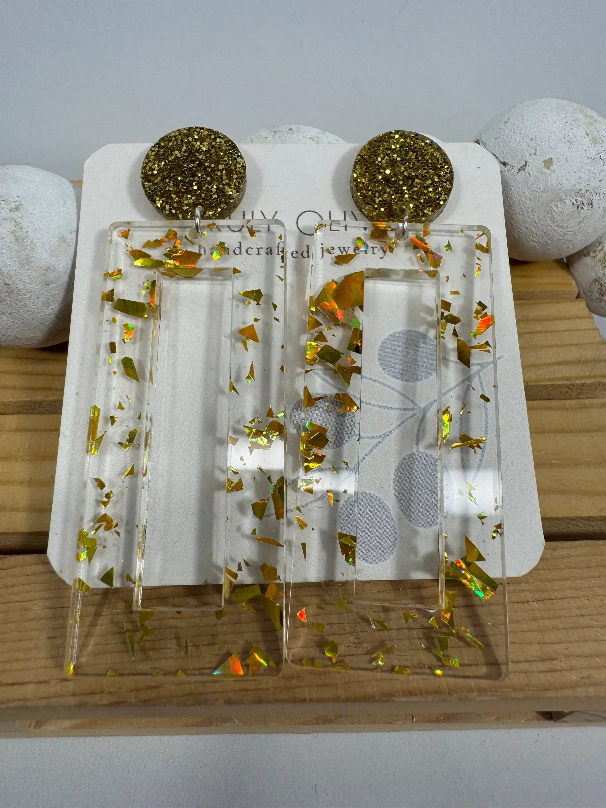 Truly Olive Mirrored Gold Acrylic Glitter Earrings - Earrings Stud/Post Earrings
