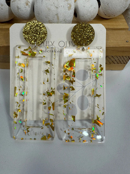 Truly Olive Mirrored Gold Acrylic Glitter Earrings - Earrings Stud/Post Earrings