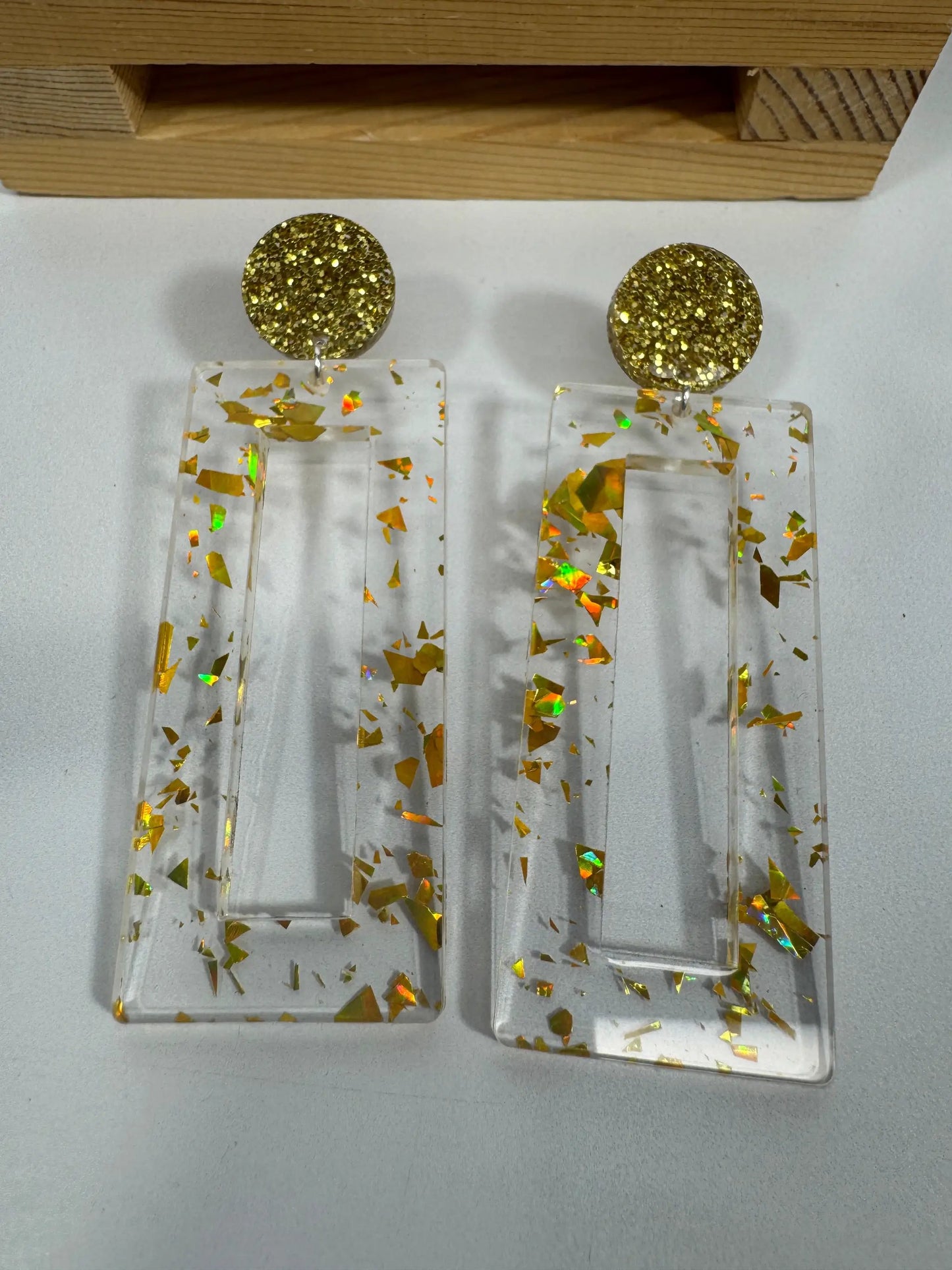 Truly Olive Mirrored Gold Acrylic Glitter Earrings - Earrings Stud/Post Earrings
