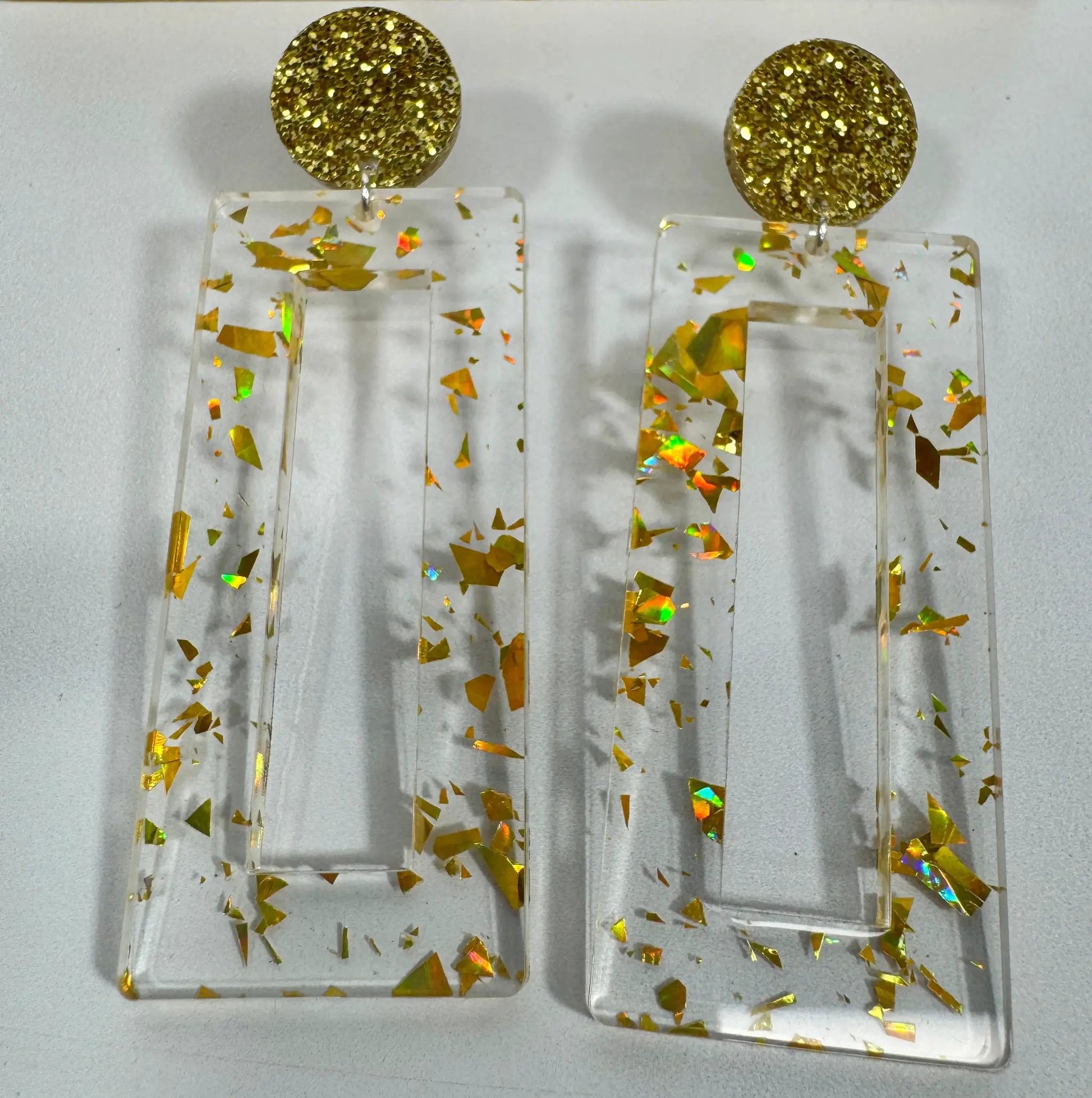 Truly Olive Mirrored Gold Acrylic Glitter Earrings - Earrings Stud/Post Earrings
