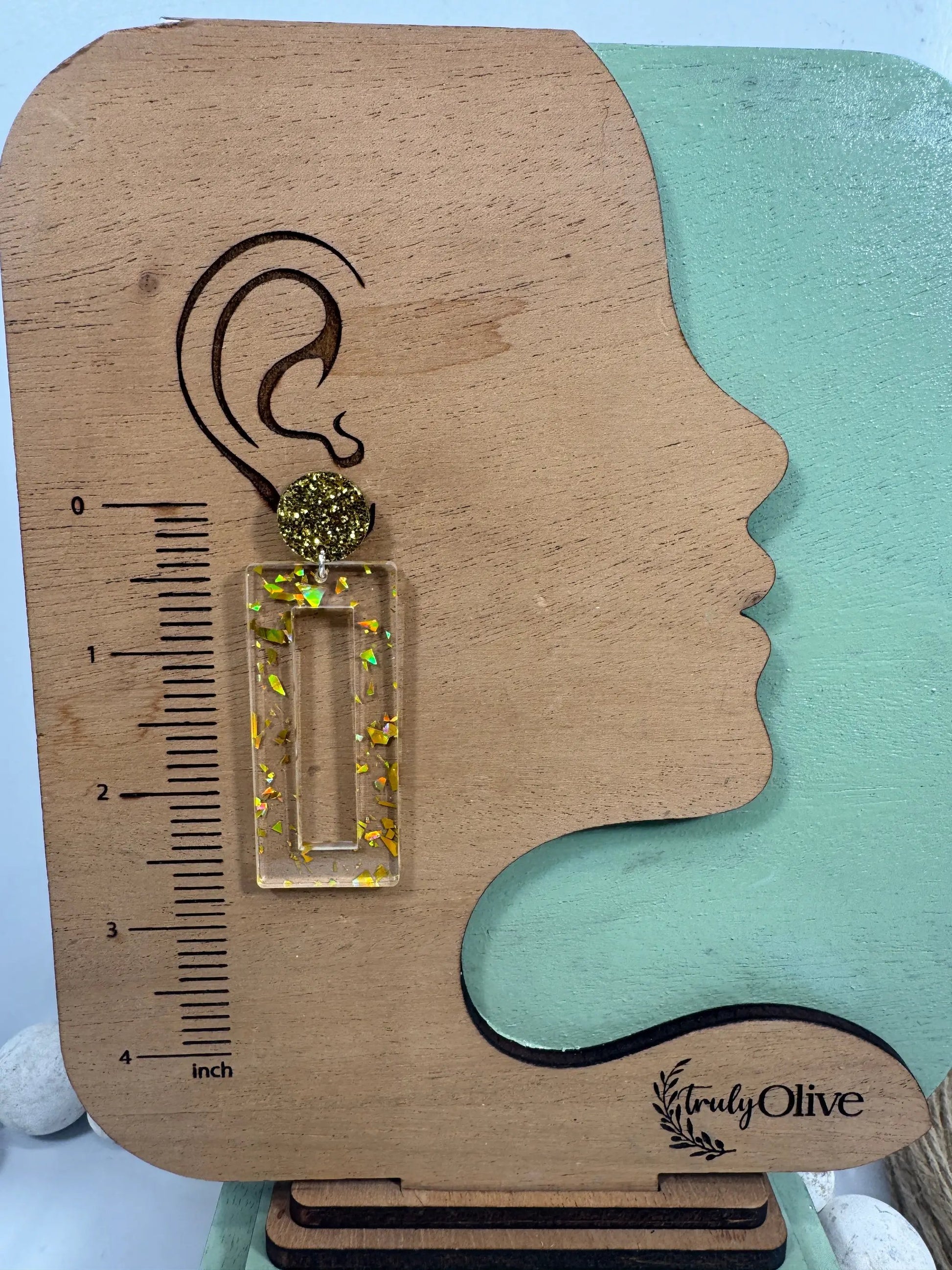 Truly Olive Mirrored Gold Acrylic Glitter Earrings - Earrings Stud/Post Earrings