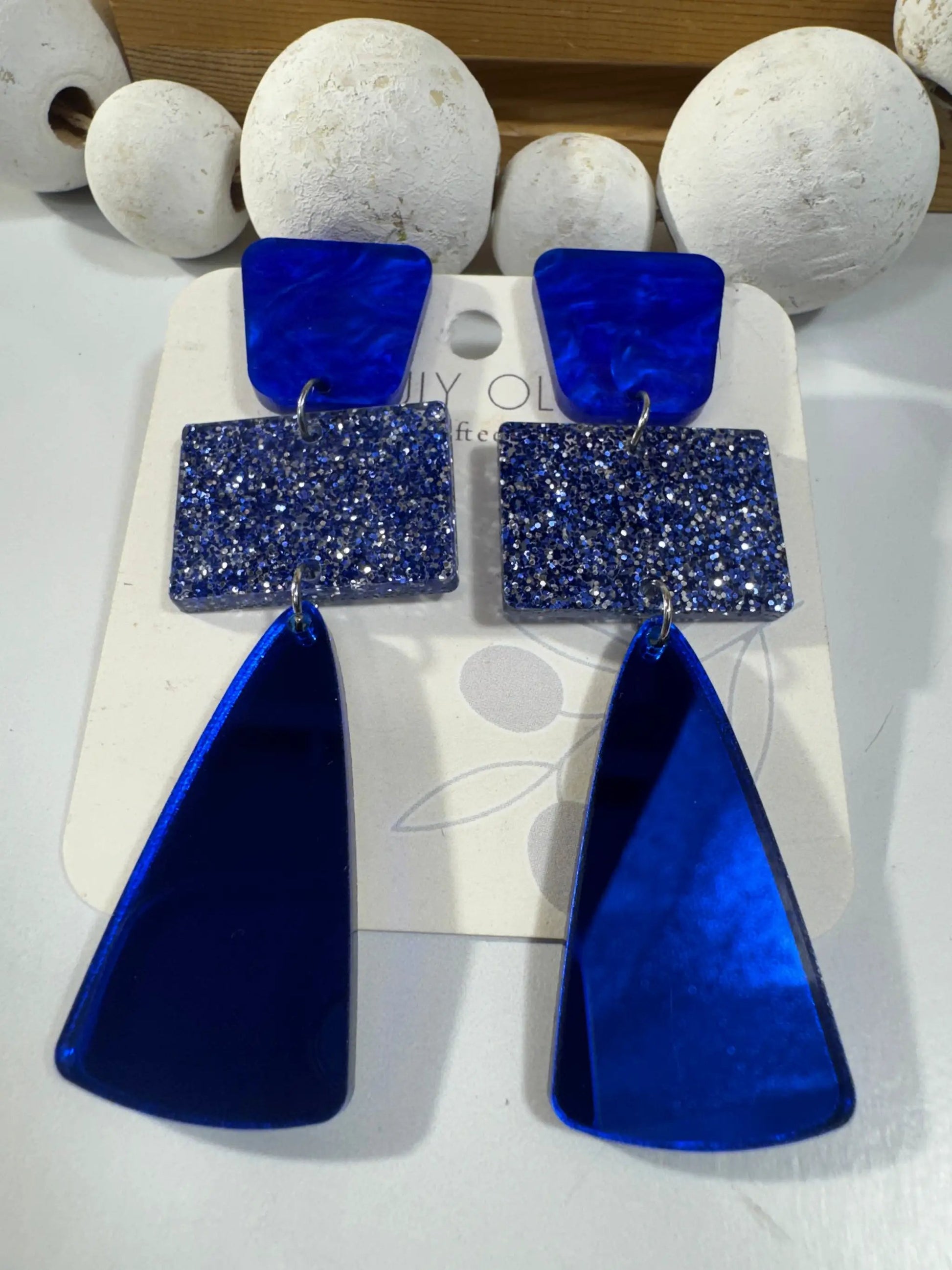 Truly Olive Royal Blue Glitter Glass Holiday Earrings - Earrings Stud/Post Earrings