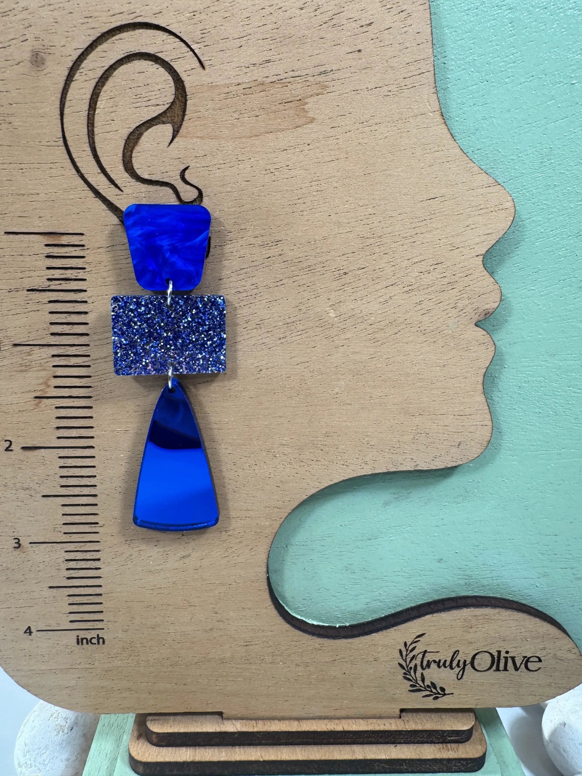 Truly Olive Royal Blue Glitter Glass Holiday Earrings - Earrings Stud/Post Earrings