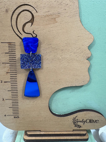 Truly Olive Royal Blue Glitter Glass Holiday Earrings - Earrings Stud/Post Earrings