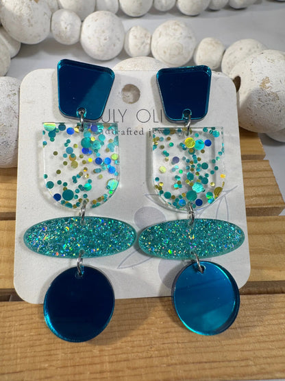 Truly Olive Teal Blue Glitter and Glass Dangle Earrings - Earrings Stud/Post Earrings