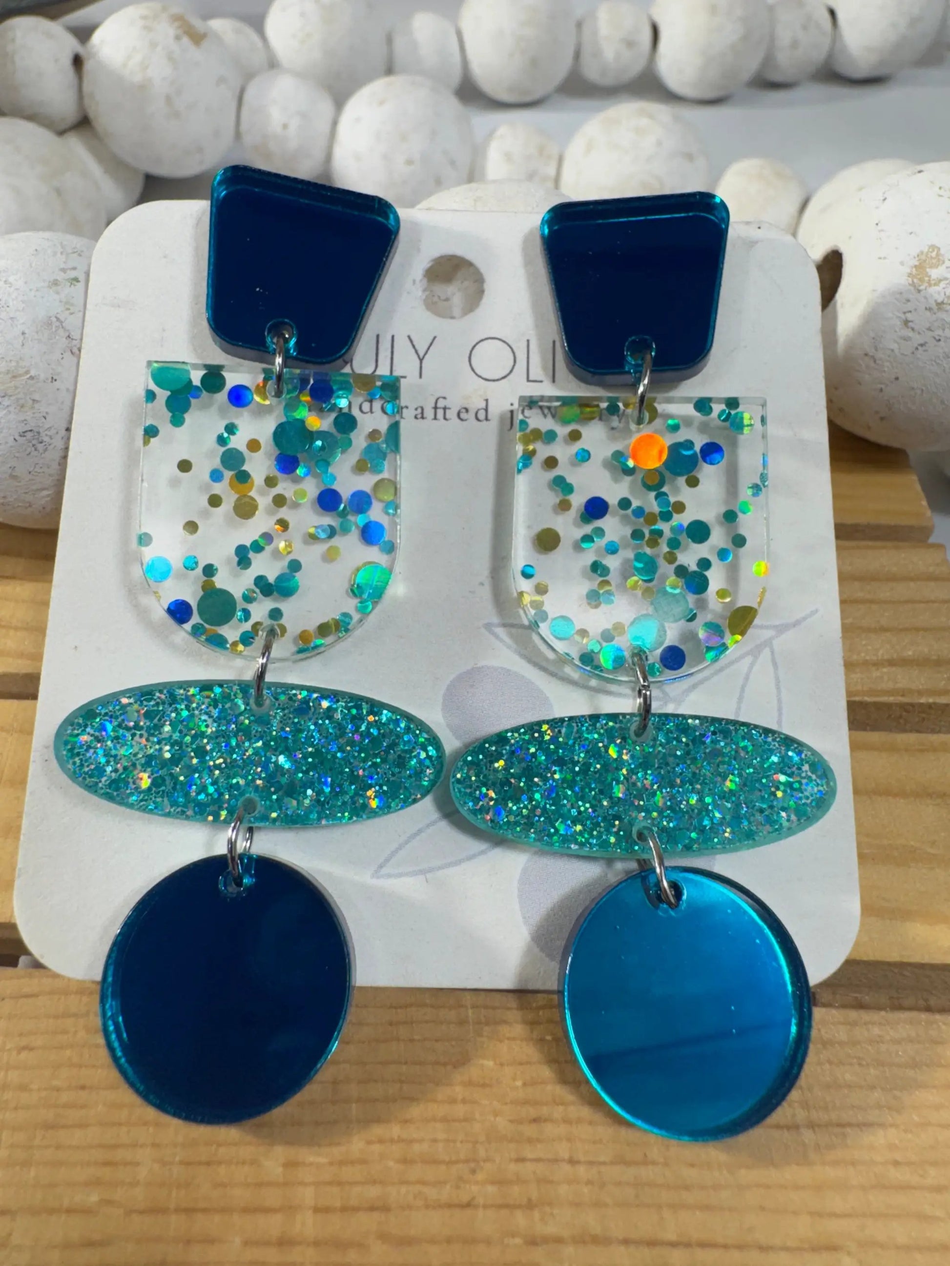 Truly Olive Teal Blue Glitter and Glass Dangle Earrings - Earrings Stud/Post Earrings