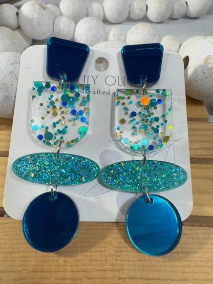 Truly Olive Teal Blue Glitter and Glass Dangle Earrings - Earrings Stud/Post Earrings