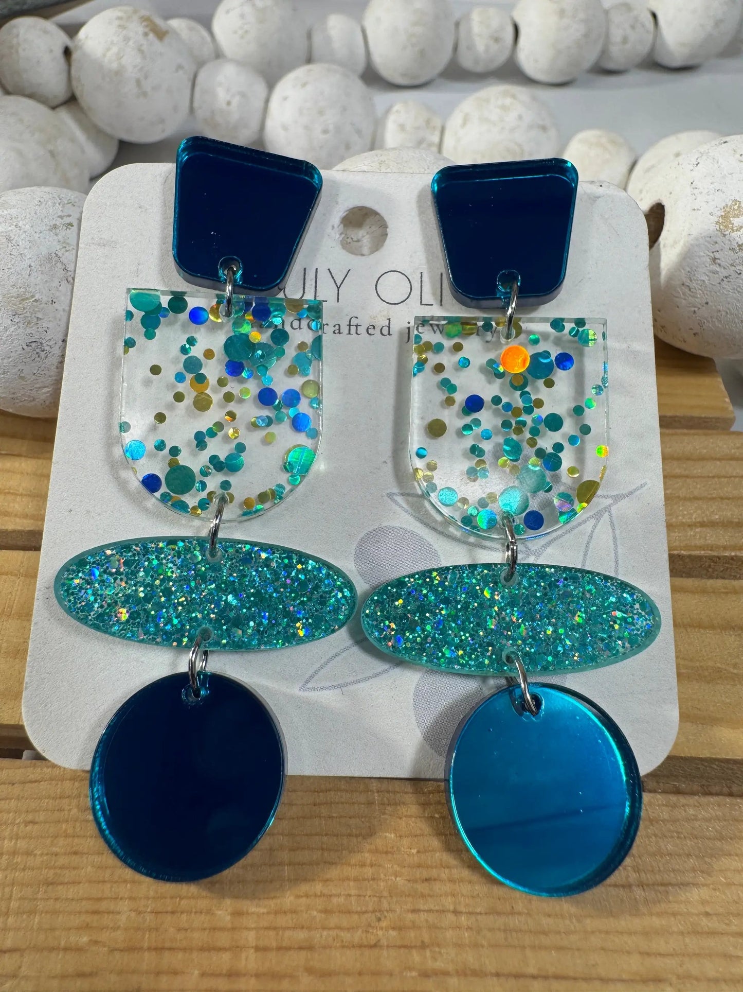 Truly Olive Teal Blue Glitter and Glass Dangle Earrings - Earrings Stud/Post Earrings