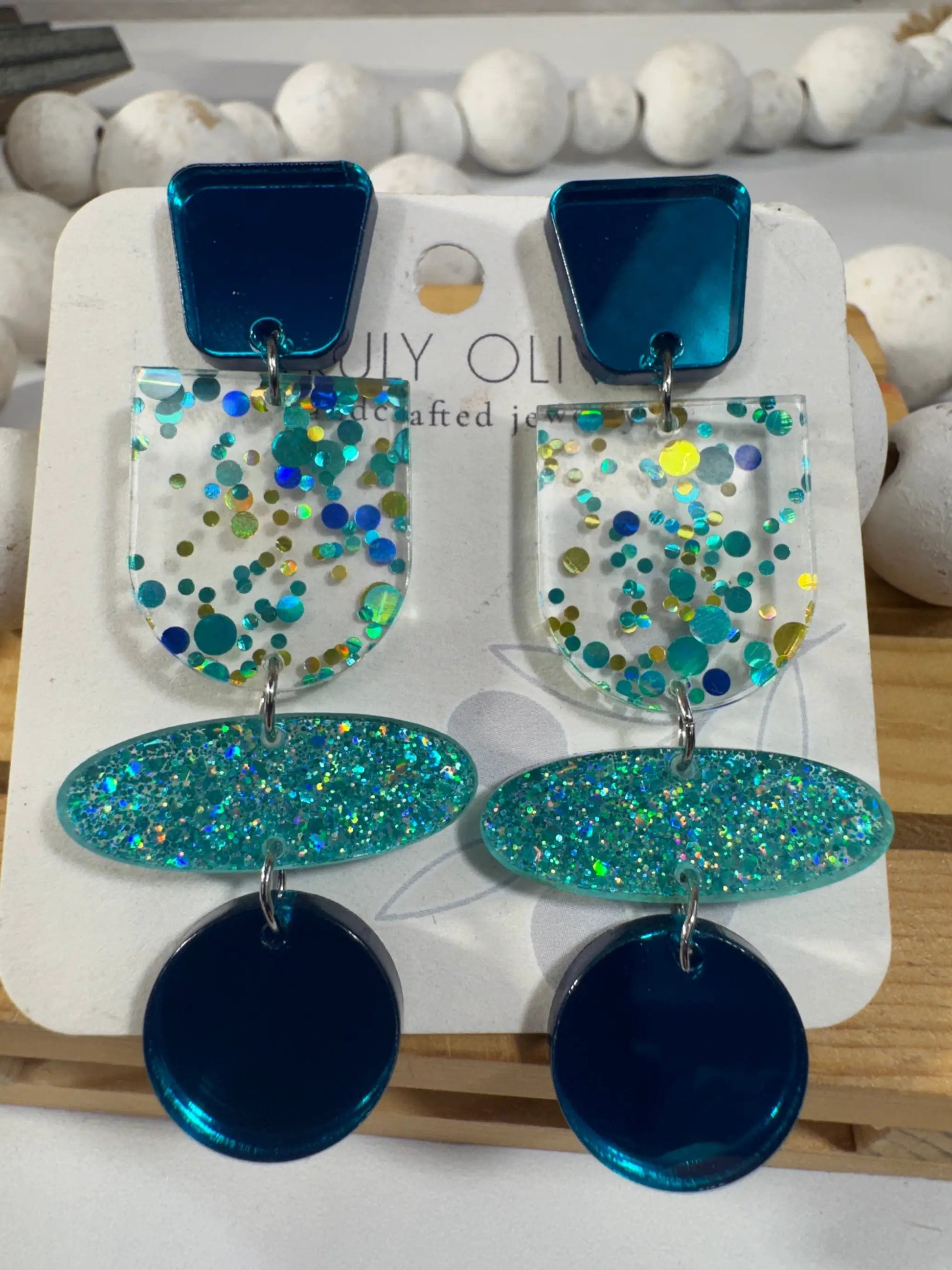 Truly Olive Teal Blue Glitter and Glass Dangle Earrings - Earrings Stud/Post Earrings