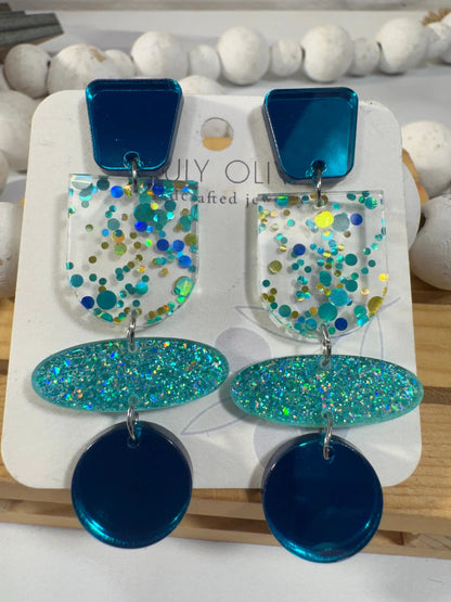 Truly Olive Teal Blue Glitter and Glass Dangle Earrings - Earrings Stud/Post Earrings