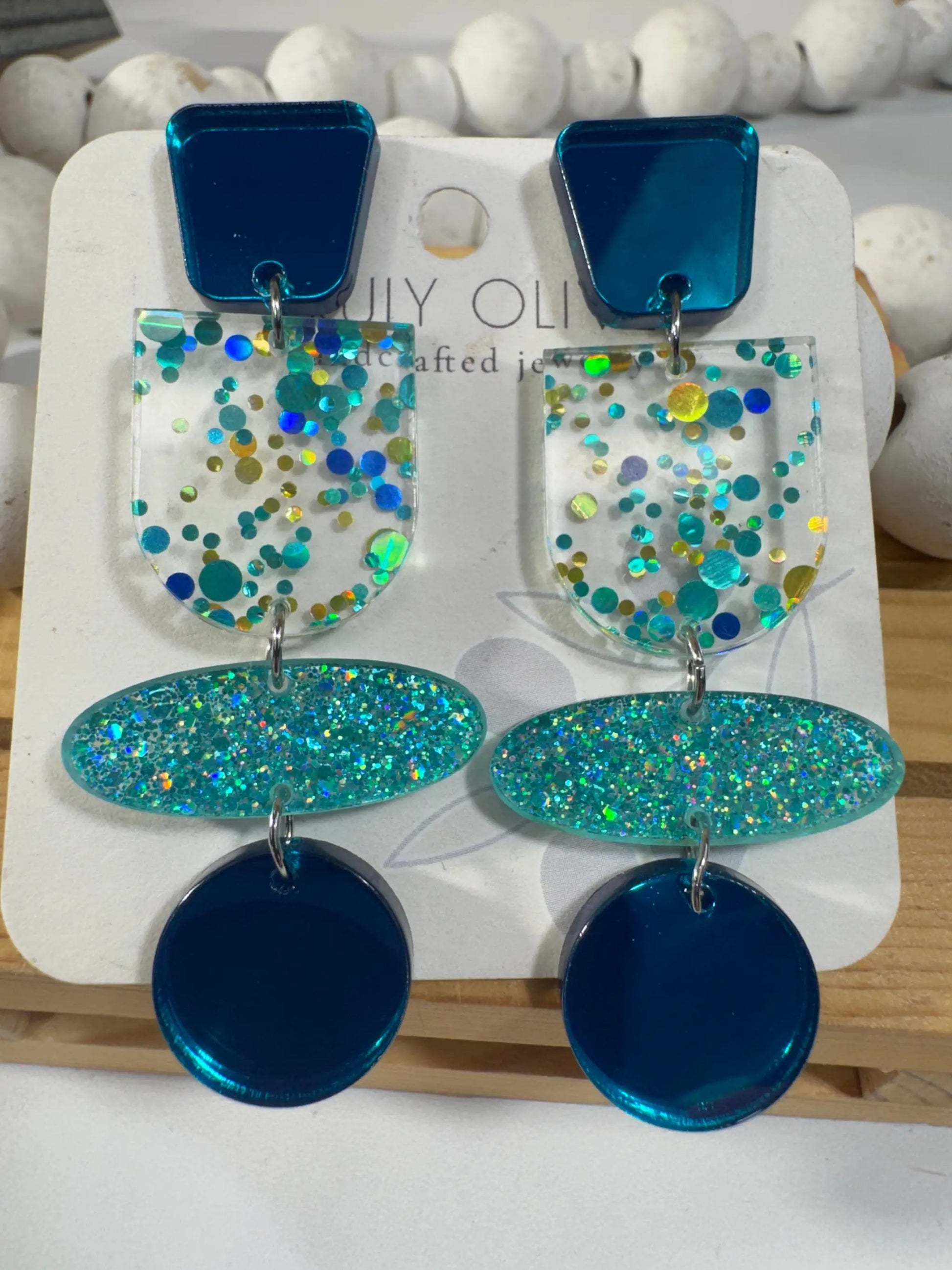 Truly Olive Teal Blue Glitter and Glass Dangle Earrings - Earrings Stud/Post Earrings