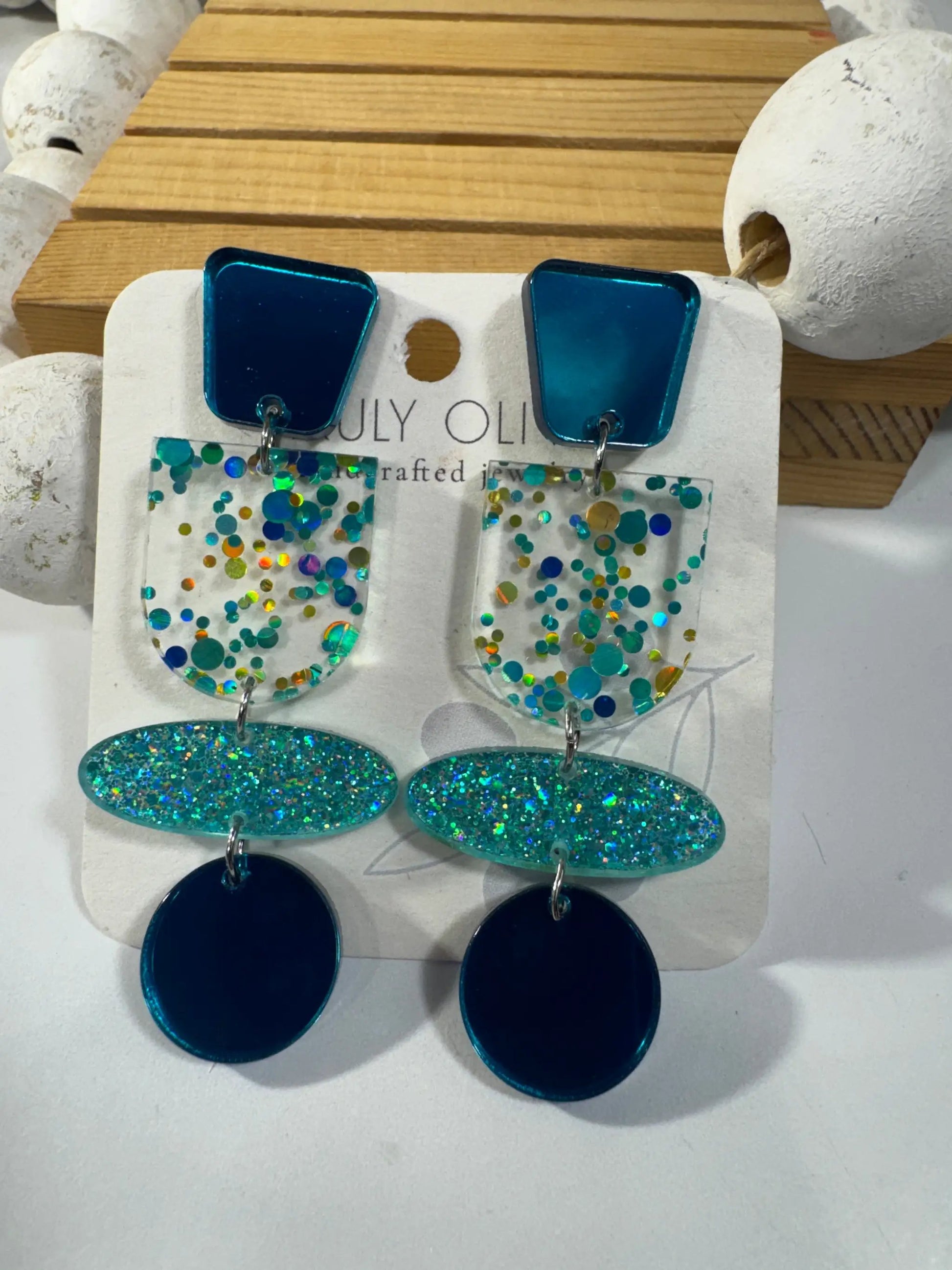 Truly Olive Teal Blue Glitter and Glass Dangle Earrings - Earrings Stud/Post Earrings